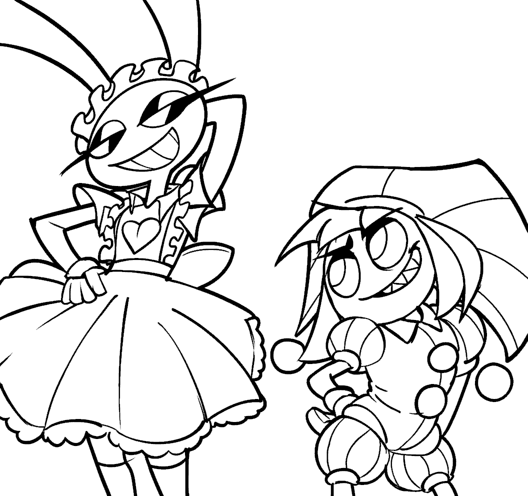jax in maid outfit and smirk pomni the amazing digital circus line art
