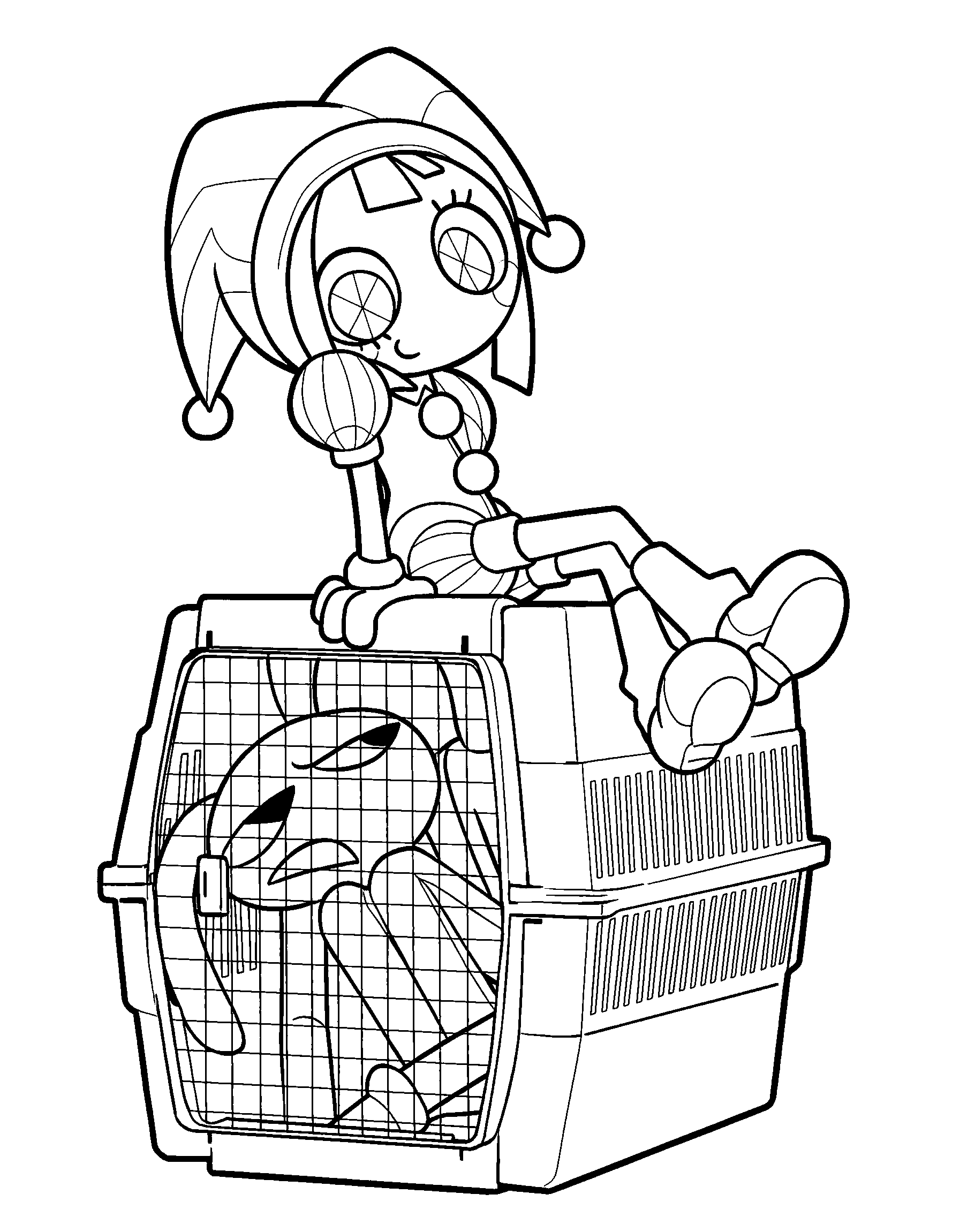 jax in pet carrier and pomni sitting on top the amazing digital circus line art