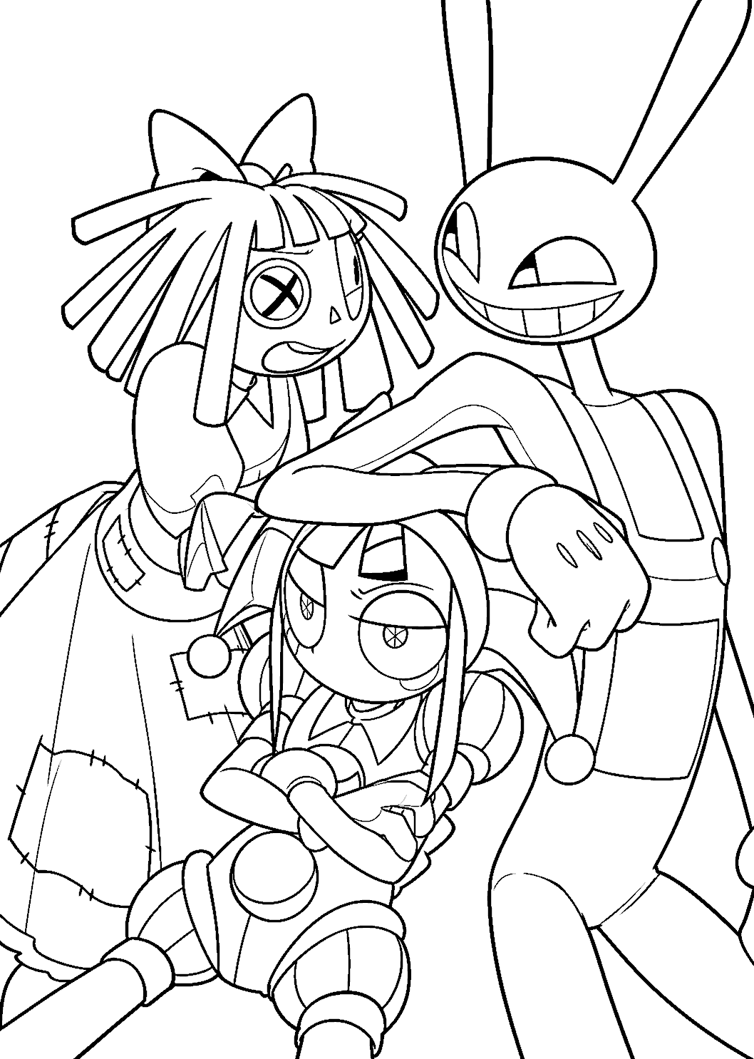 jax leaning on pomni and ragatha the amazing digital circus line art