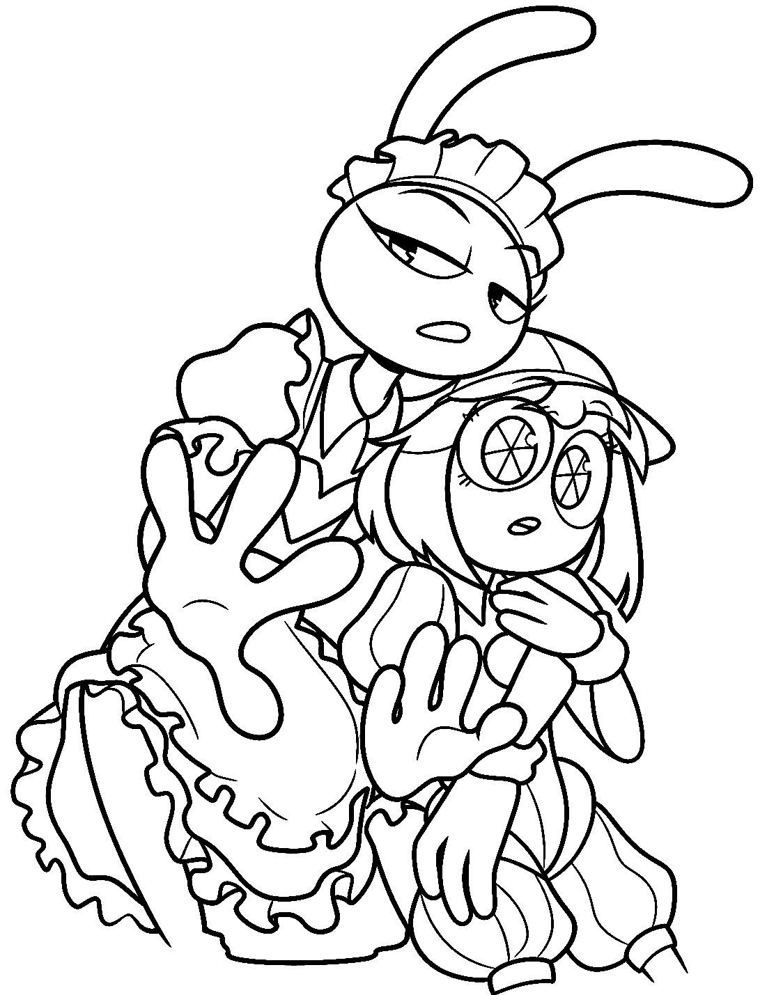 jax maid outfit protecting pomni stop hand gesture tadc the amazing digital circus line art for kids and adults