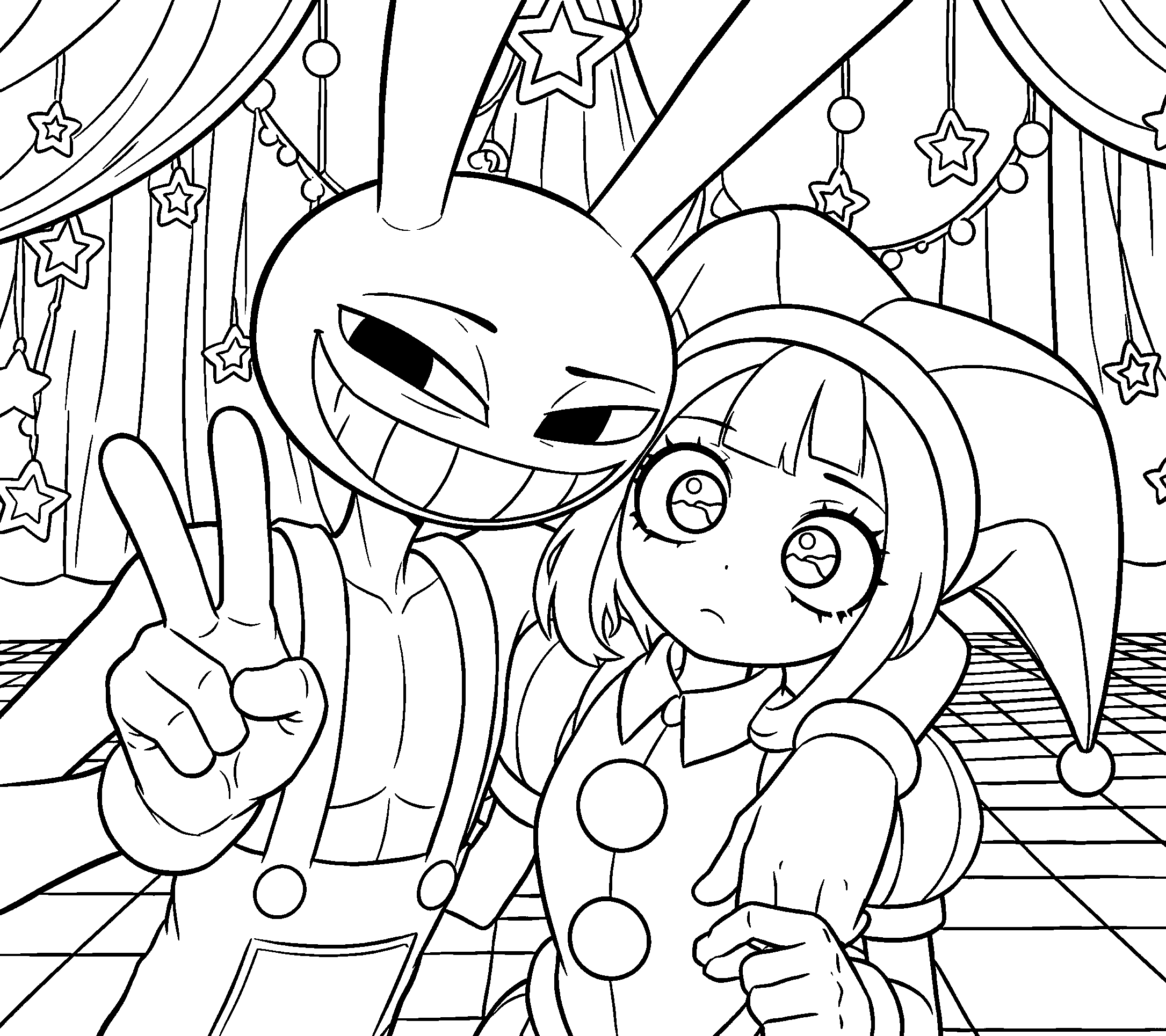 jax peace sign and cute pomni selfie stage tadc the amazing digital circus line art