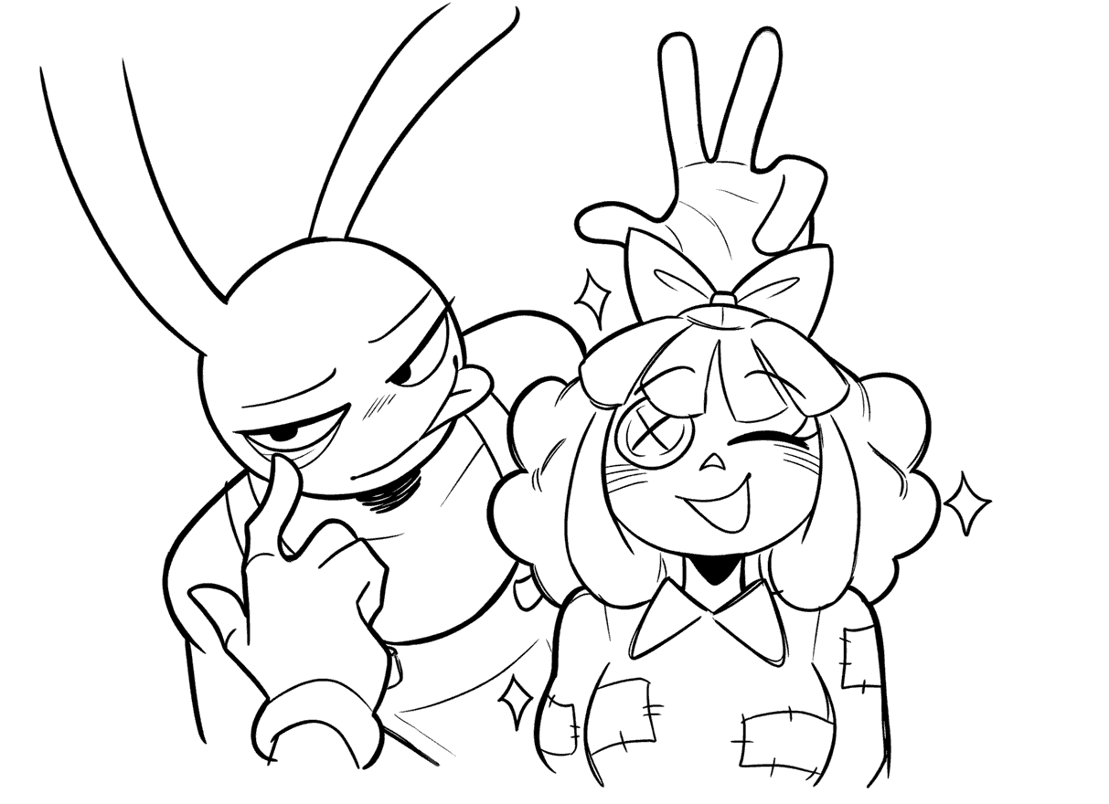 jax photobombing ragatha with bunny ears gesture the amazing digital circus line art