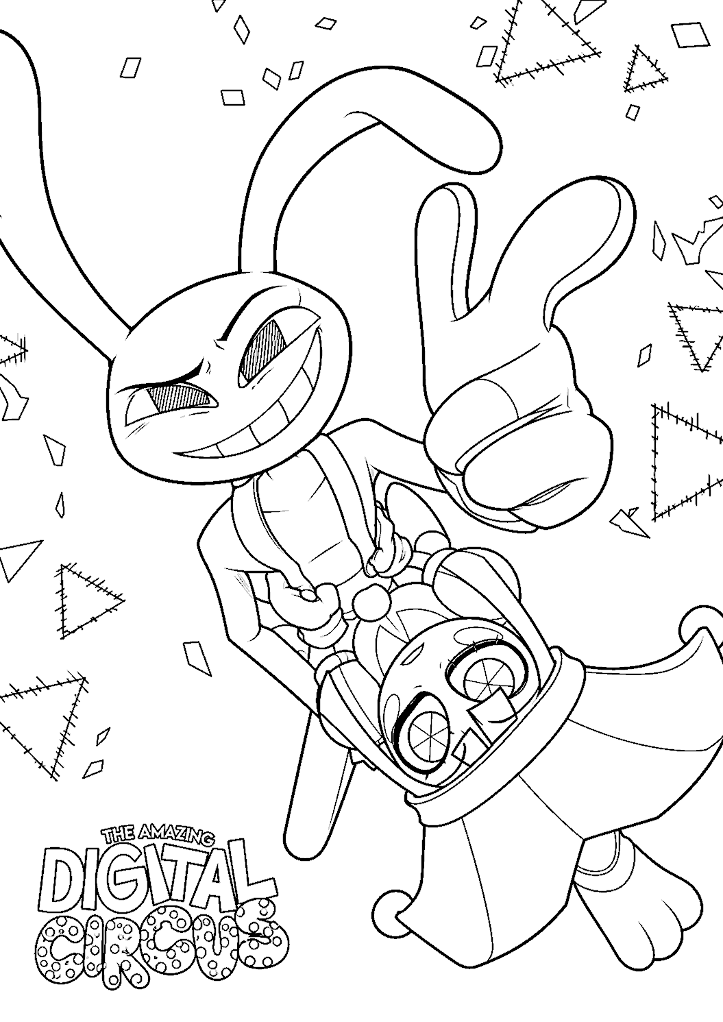 jax pointing at spinning pomni bird eye view logo tadc the amazing digital circus line art
