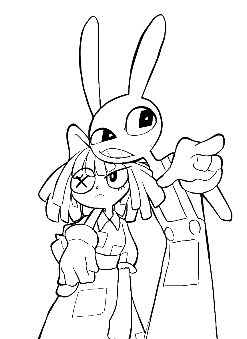 jax pointing finger behind ragatha the amazing digital circus line art