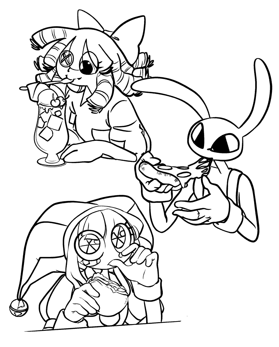 jax pomni and ragatha eating fast food the amazing digital circus line art