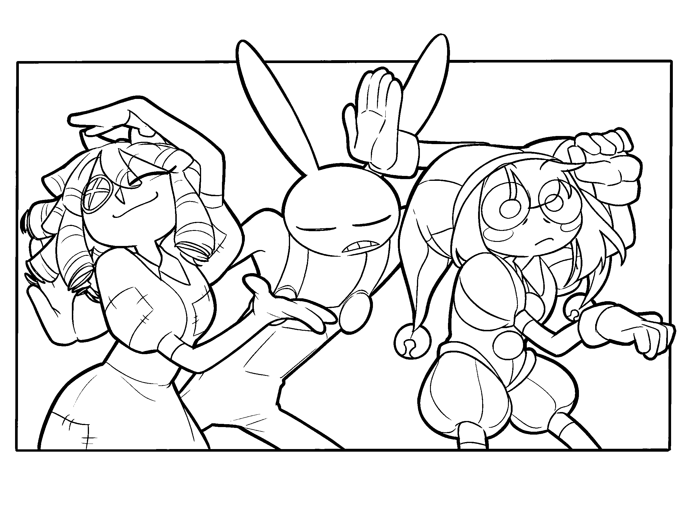 jax pomni and ragatha group pose the amazing digital circus line art