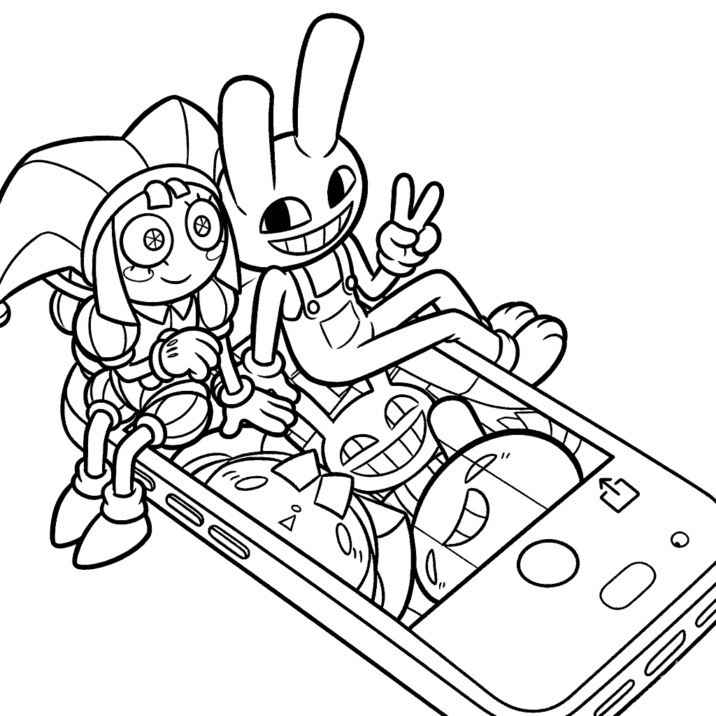 jax pomni sitting on huge smartphone mobile screen tadc the amazing digital circus line art