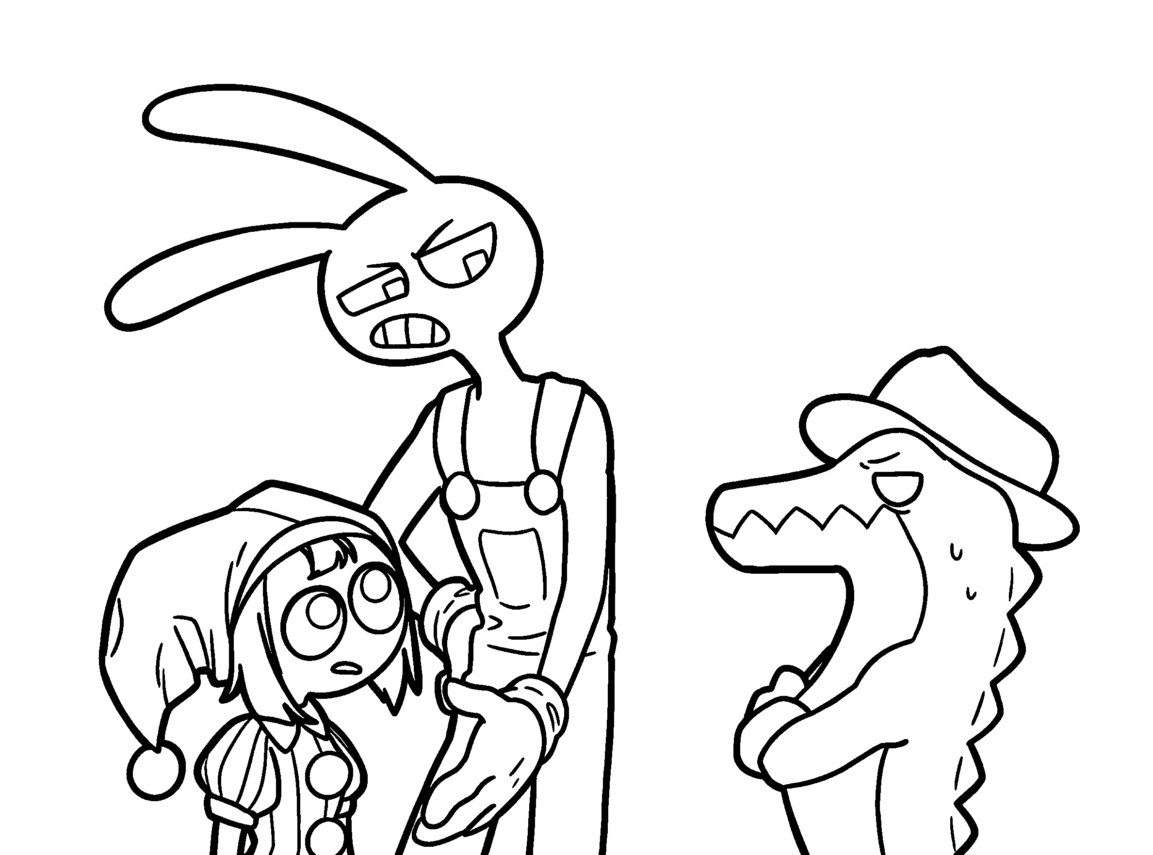 jax protecting pomni from gummigoo the amazing digital circus line art