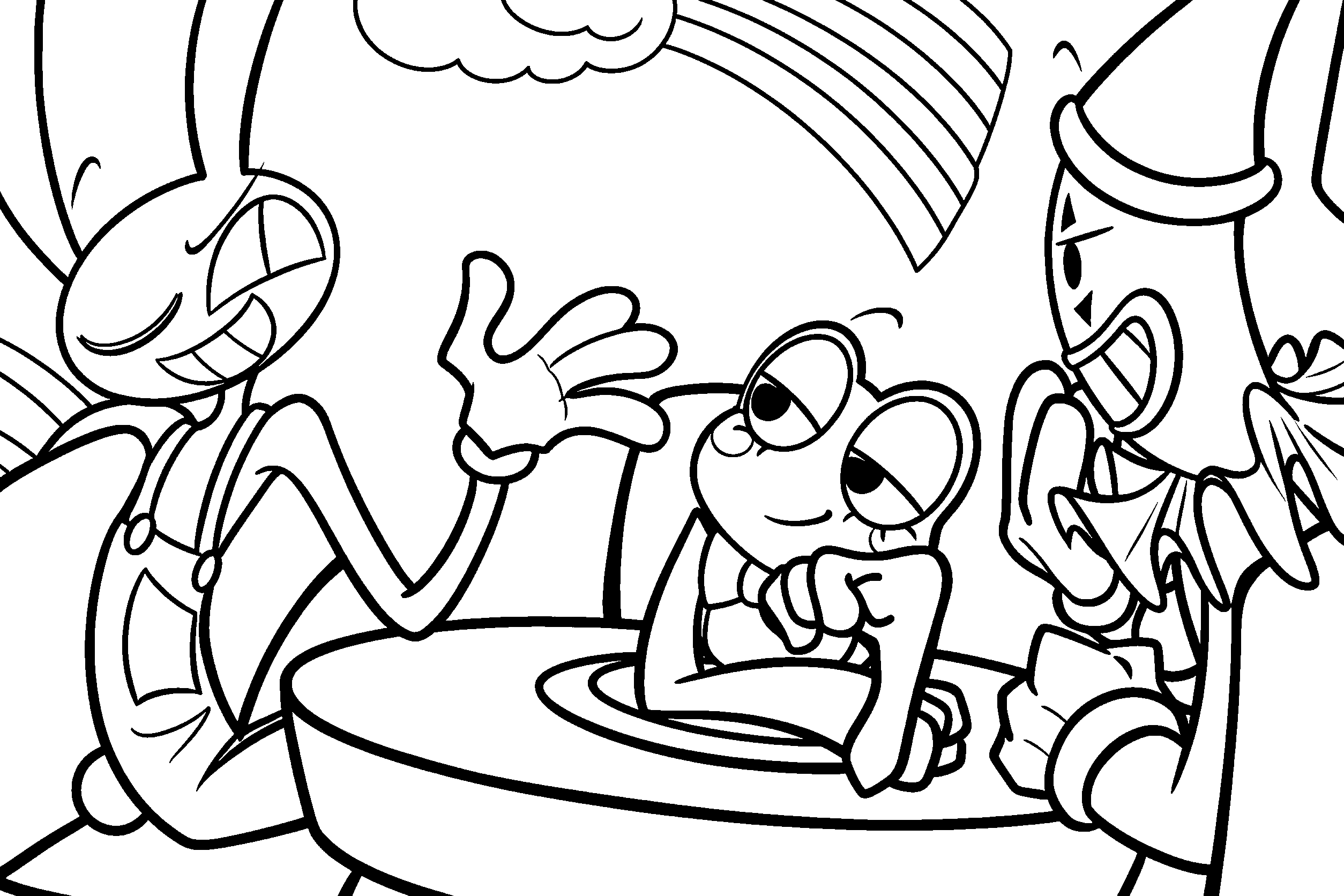 jax ribbit and kaufmo clown sitting at table the amazing digital circus line art