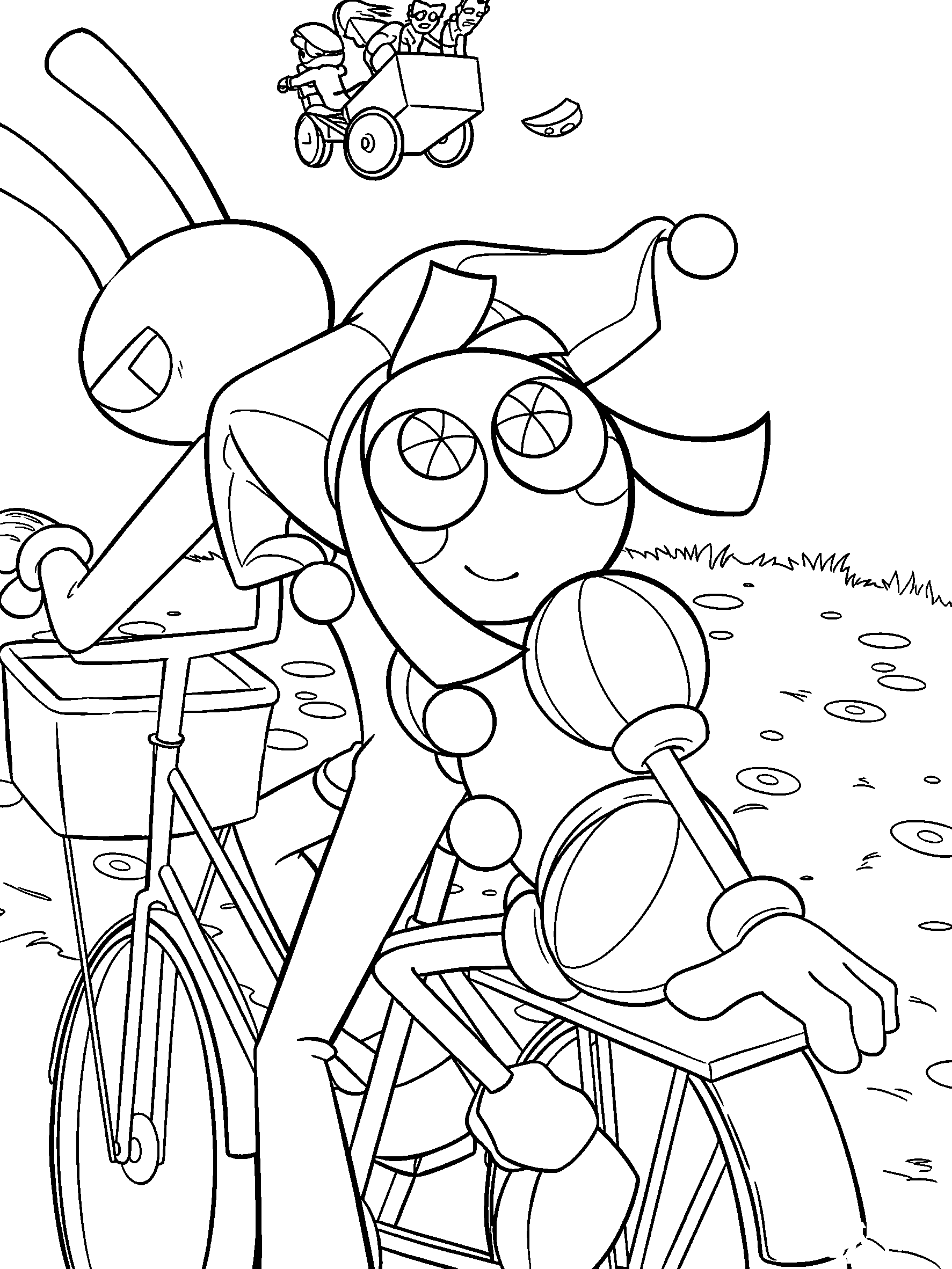 jax riding bicycle and fast desert chase the amazing digital circus line art