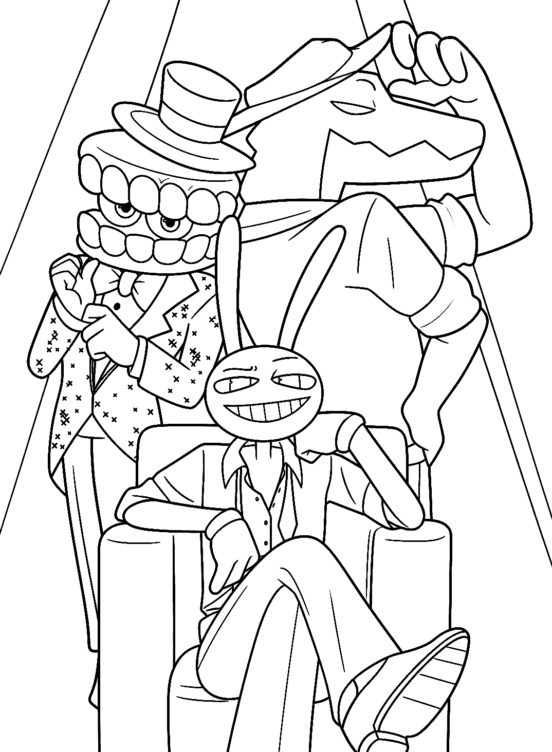 jax sitting in armchair with caine and gummigoo tadc the amazing digital circus line art for kids and adults
