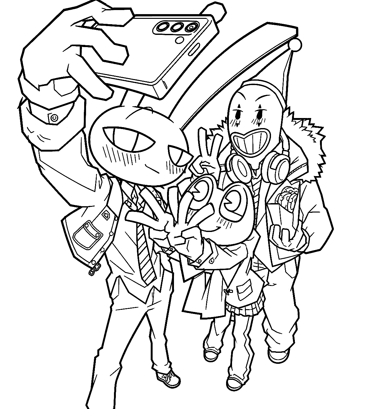 jax suit and kaufmo with ribbit frog selfie tadc the amazing digital circus line art for kids and adults