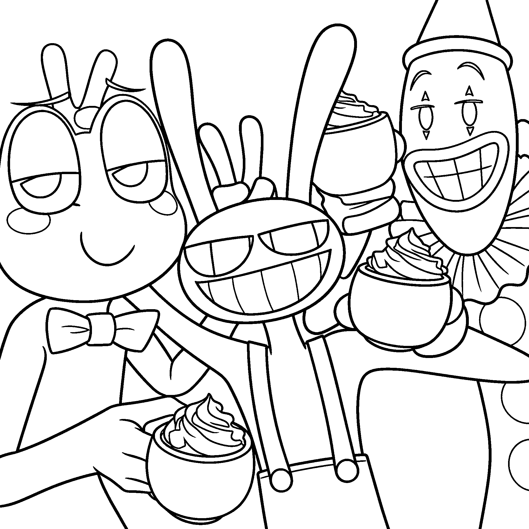 jax taking selfie with ribbit and kaufmo clown the amazing digital circus line art