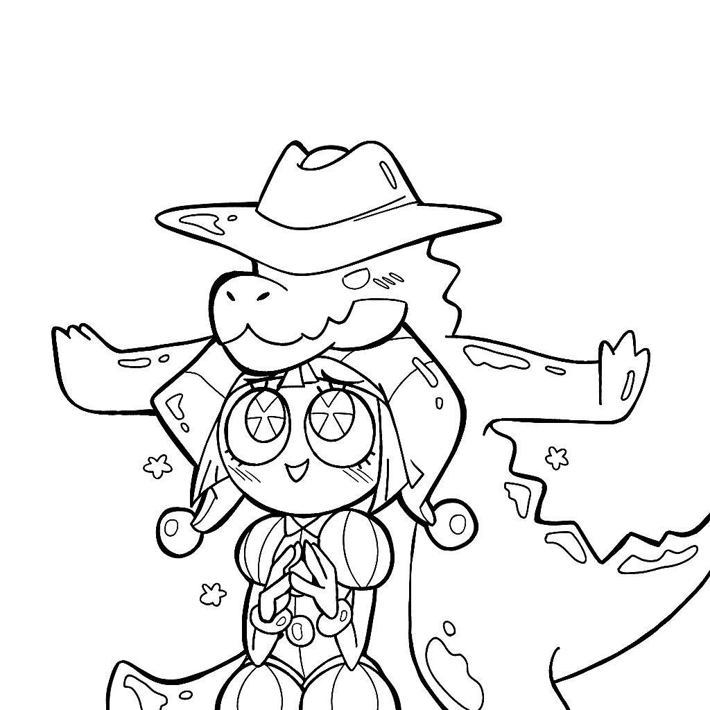 joyful pomni and gummigoo cowboy the amazing digital circus line art