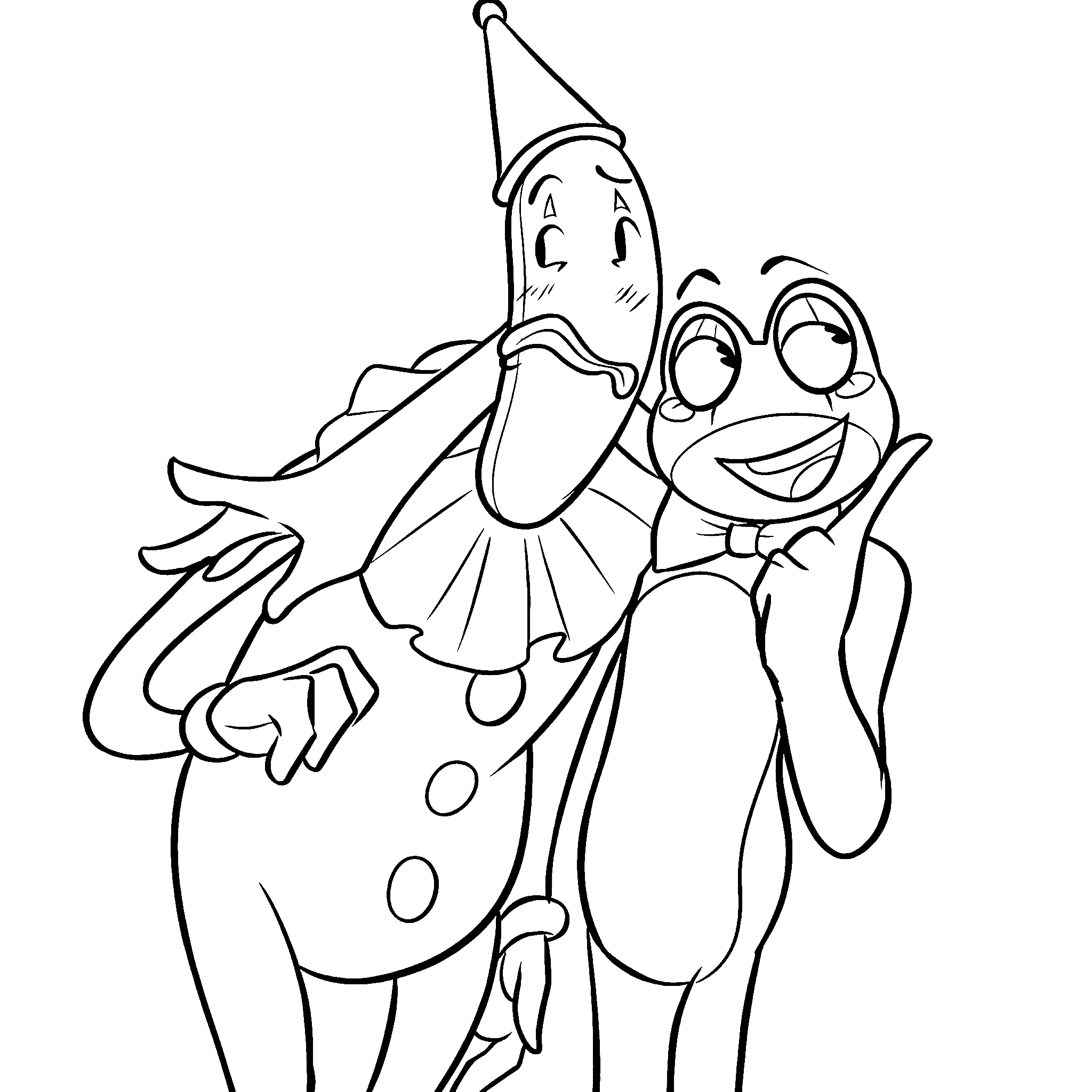 kaufmo clown and happy ribbit frog the amazing digital circus line art