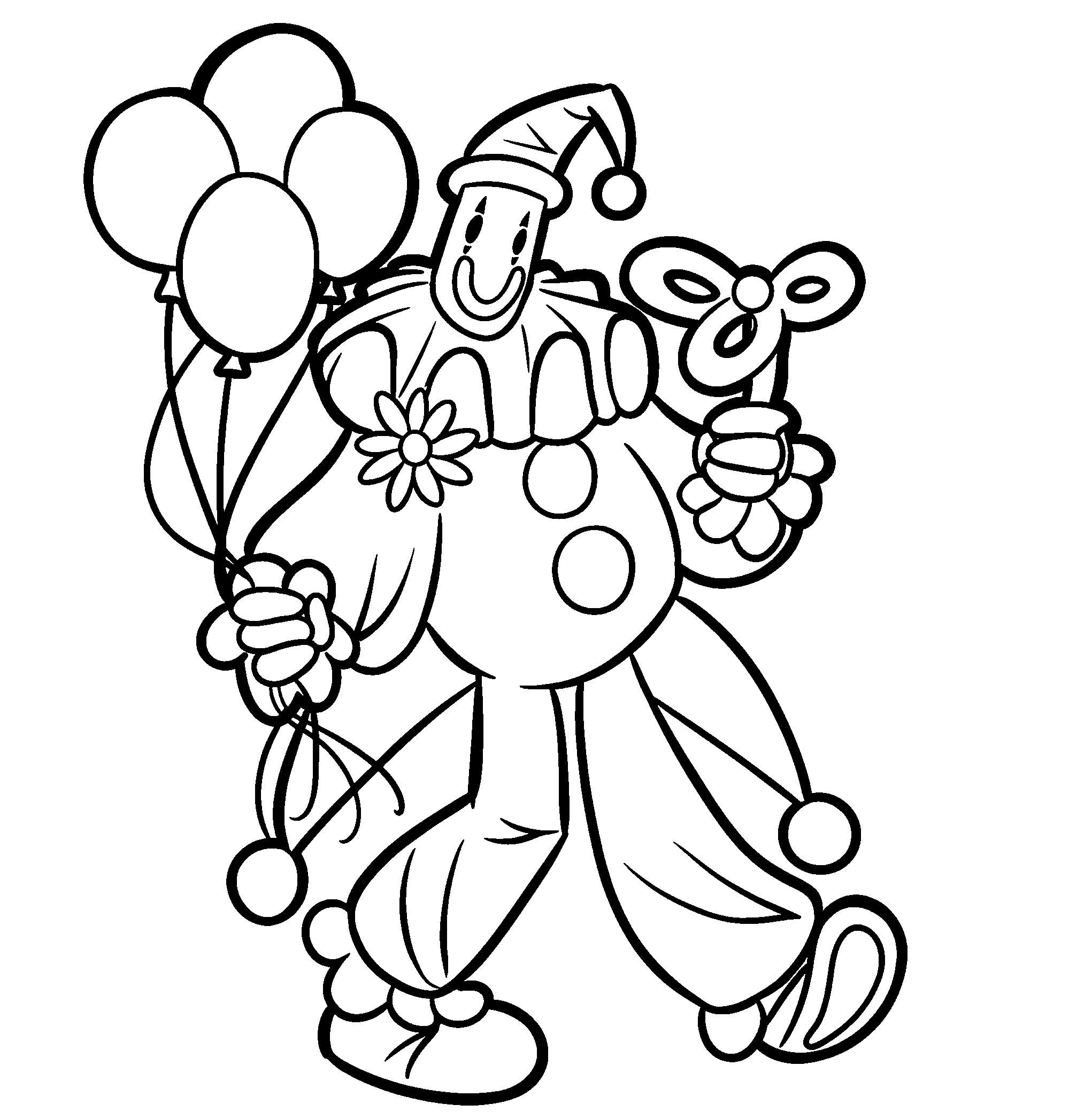 kaufmo clown holding balloons and pinwheel flower tadc the amazing digital circus line art