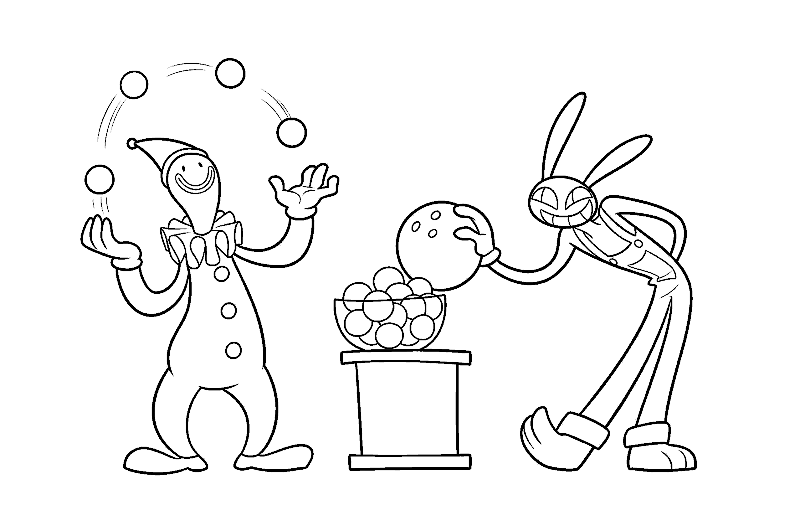 kaufmo juggling balls and jax bowling ball prank tadc the amazing digital circus line art