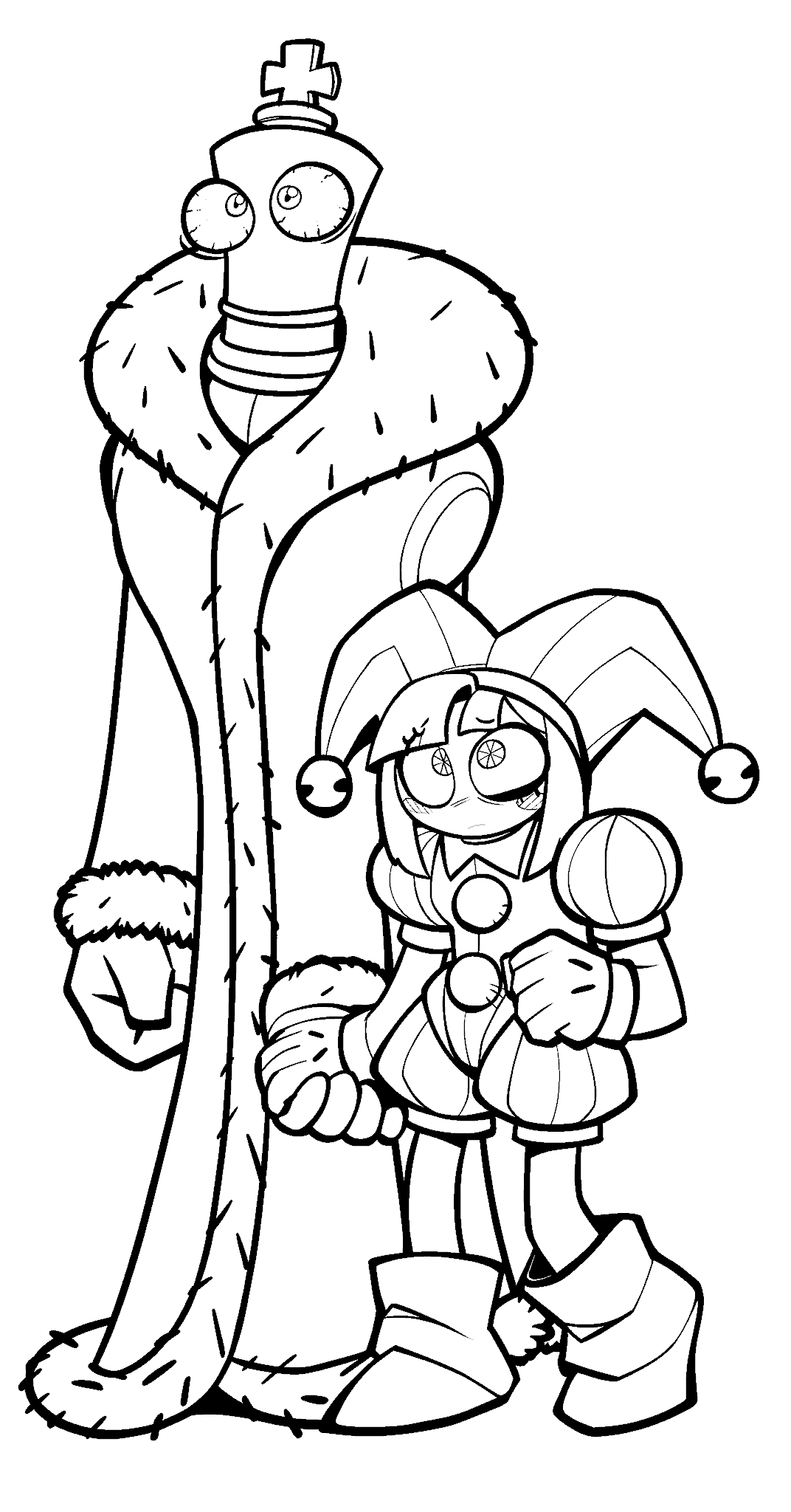 kinger standing with nervous pomni the amazing digital circus line art