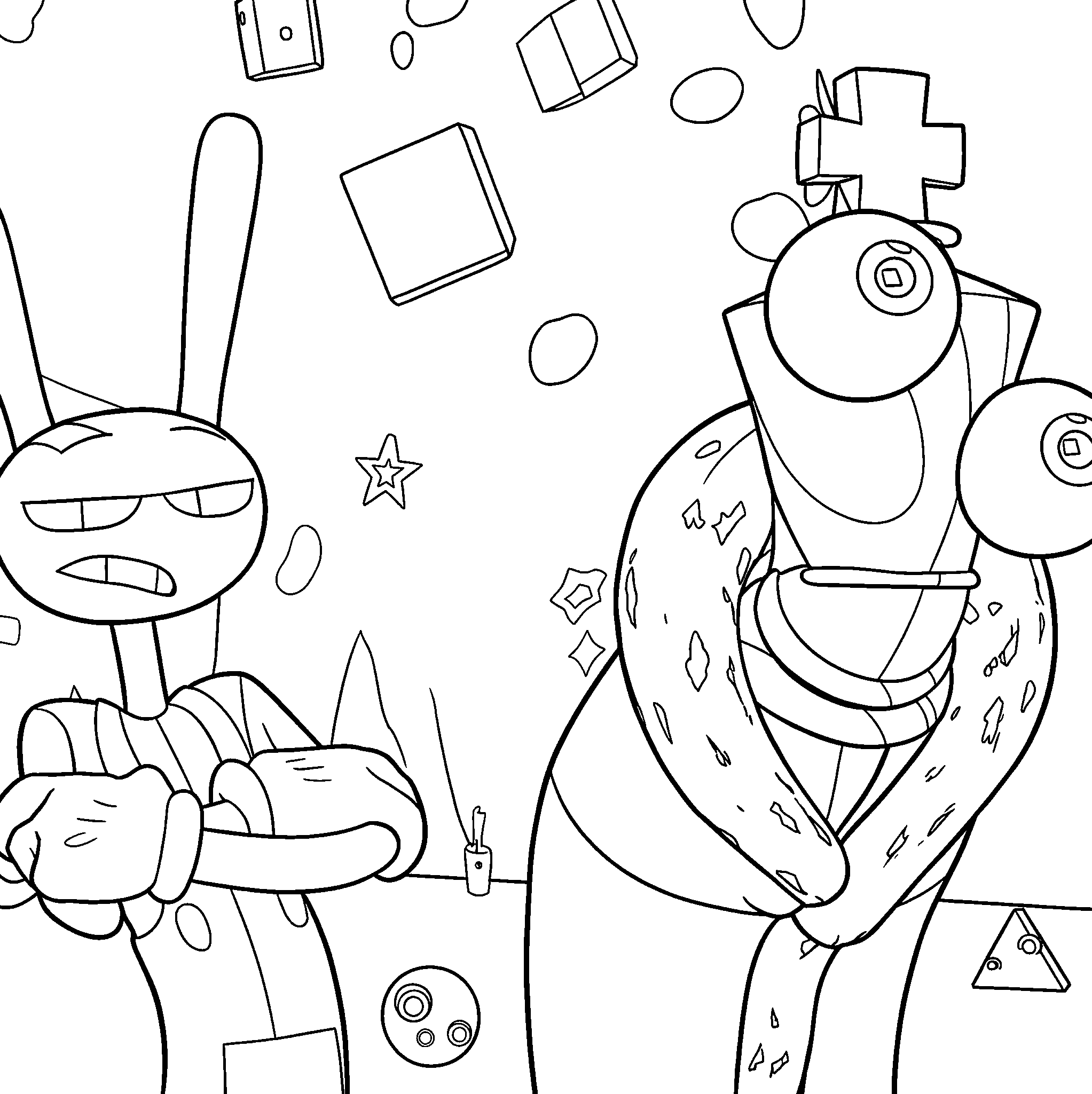 kinger with floating blocks and grumpy jax the amazing digital circus line art