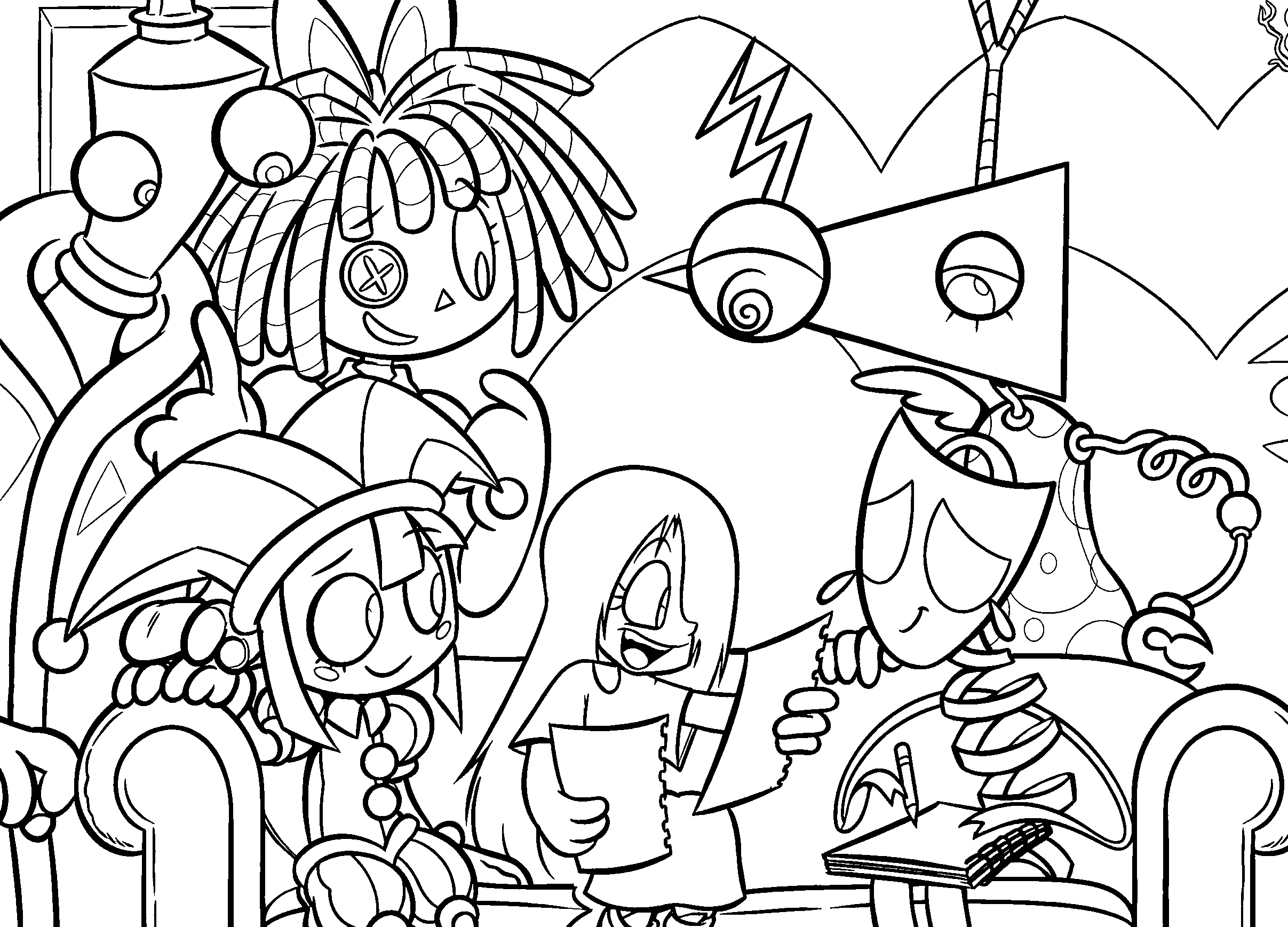 main characters group on sofa the amazing digital circus line art
