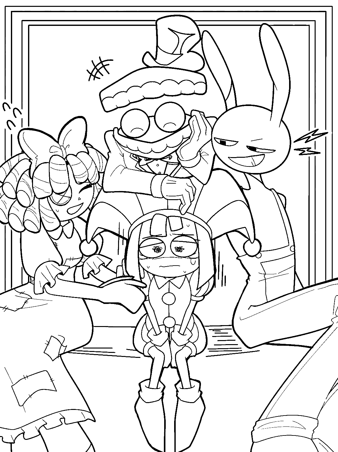 nervous pomni surrounded by caine jax and ragatha the amazing digital circus line art
