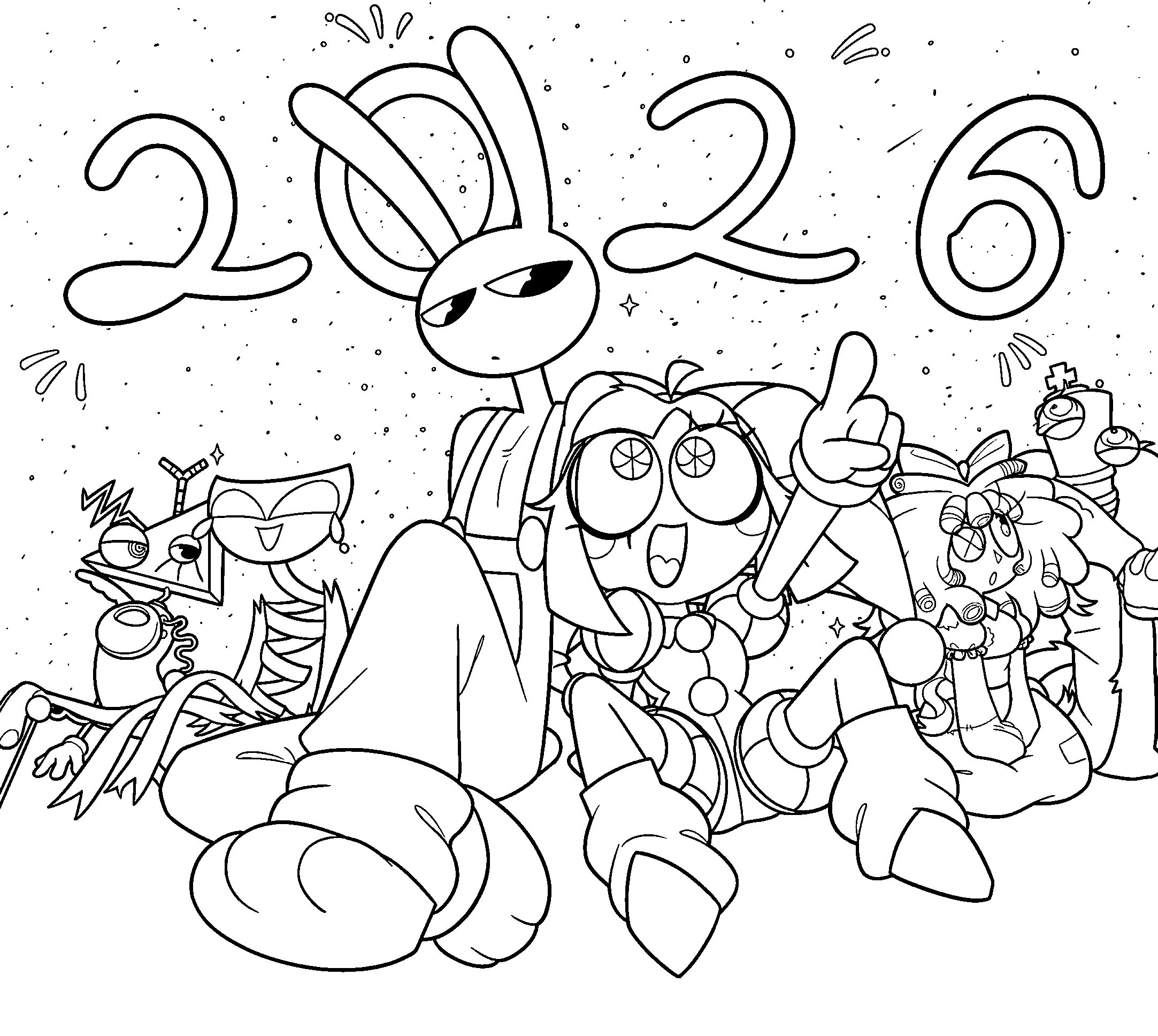 new year 2026 the amazing digital circus group line art