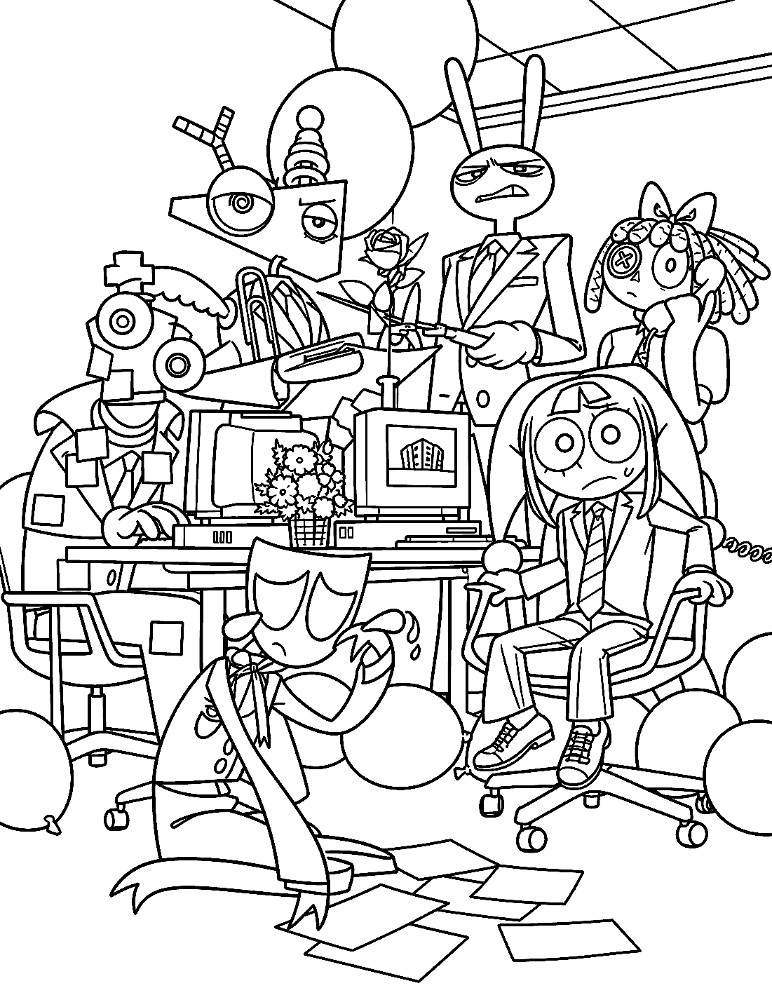 office workers corporate chaos group scene tadc the amazing digital circus line art