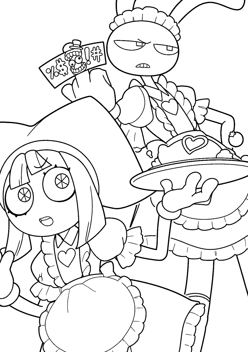 pomni and jax maid outfit showing middle finger censor tadc the amazing digital circus line art for kids and adults