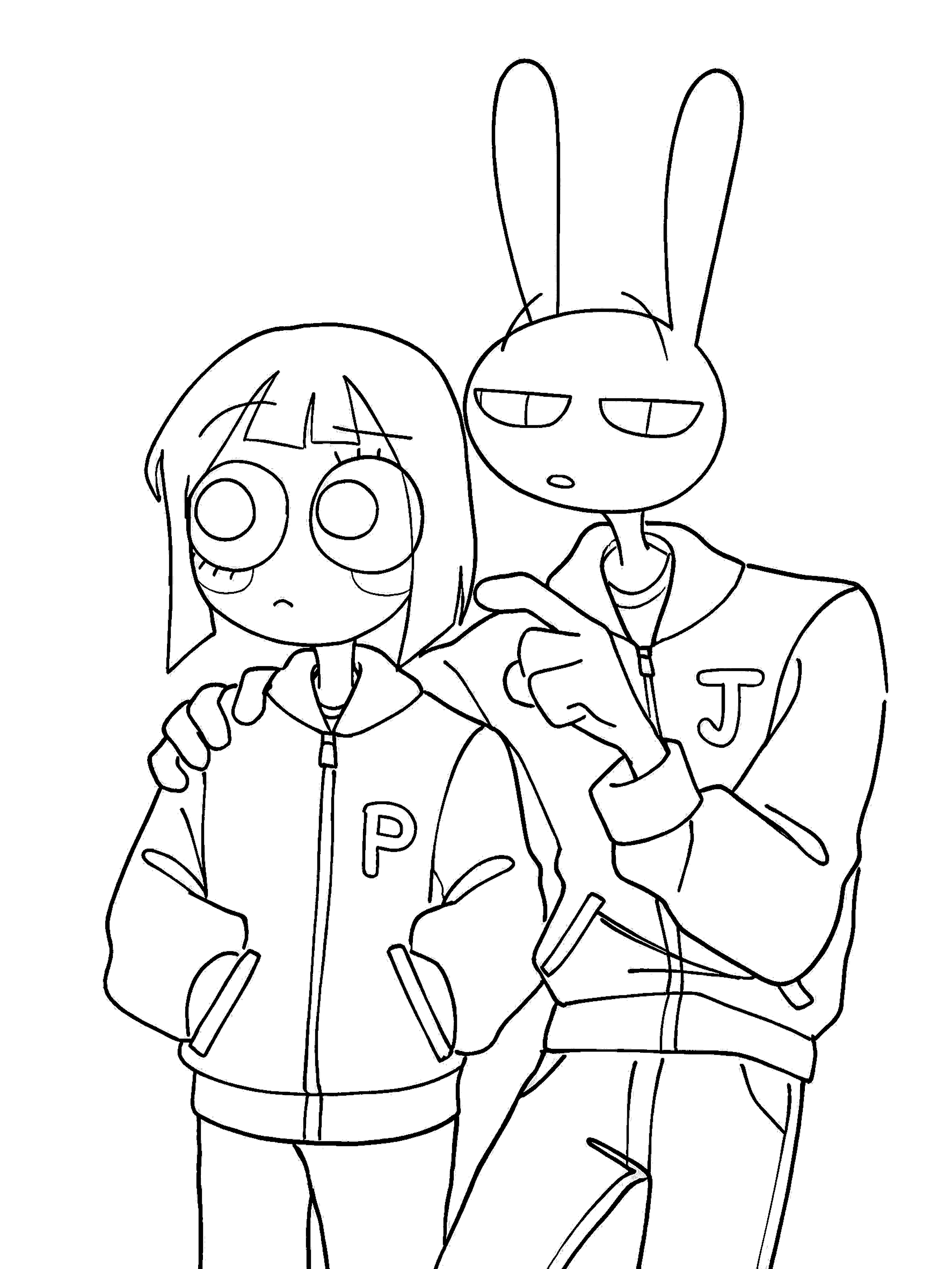 pomni and jax wearing matching bomber jackets tadc the amazing digital circus line art