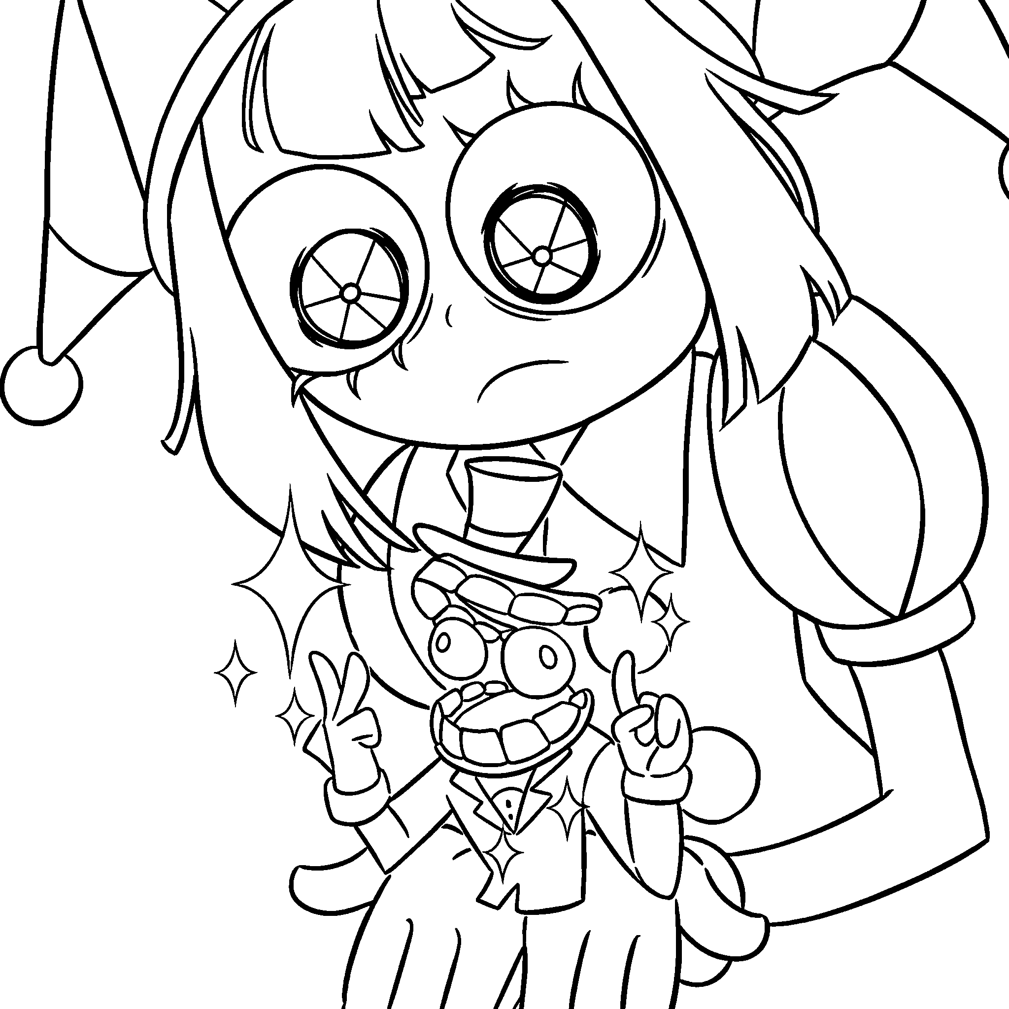 pomni and tiny caine the amazing digital circus line art
