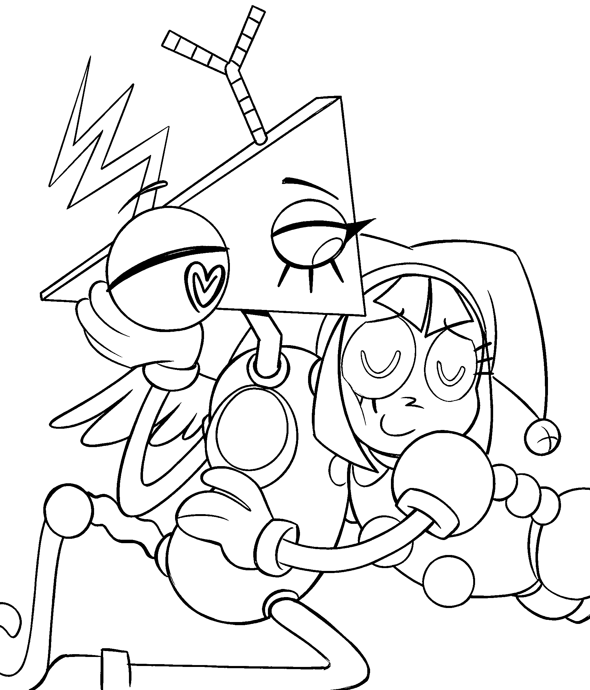 pomni and zooble hugging the amazing digital circus line art