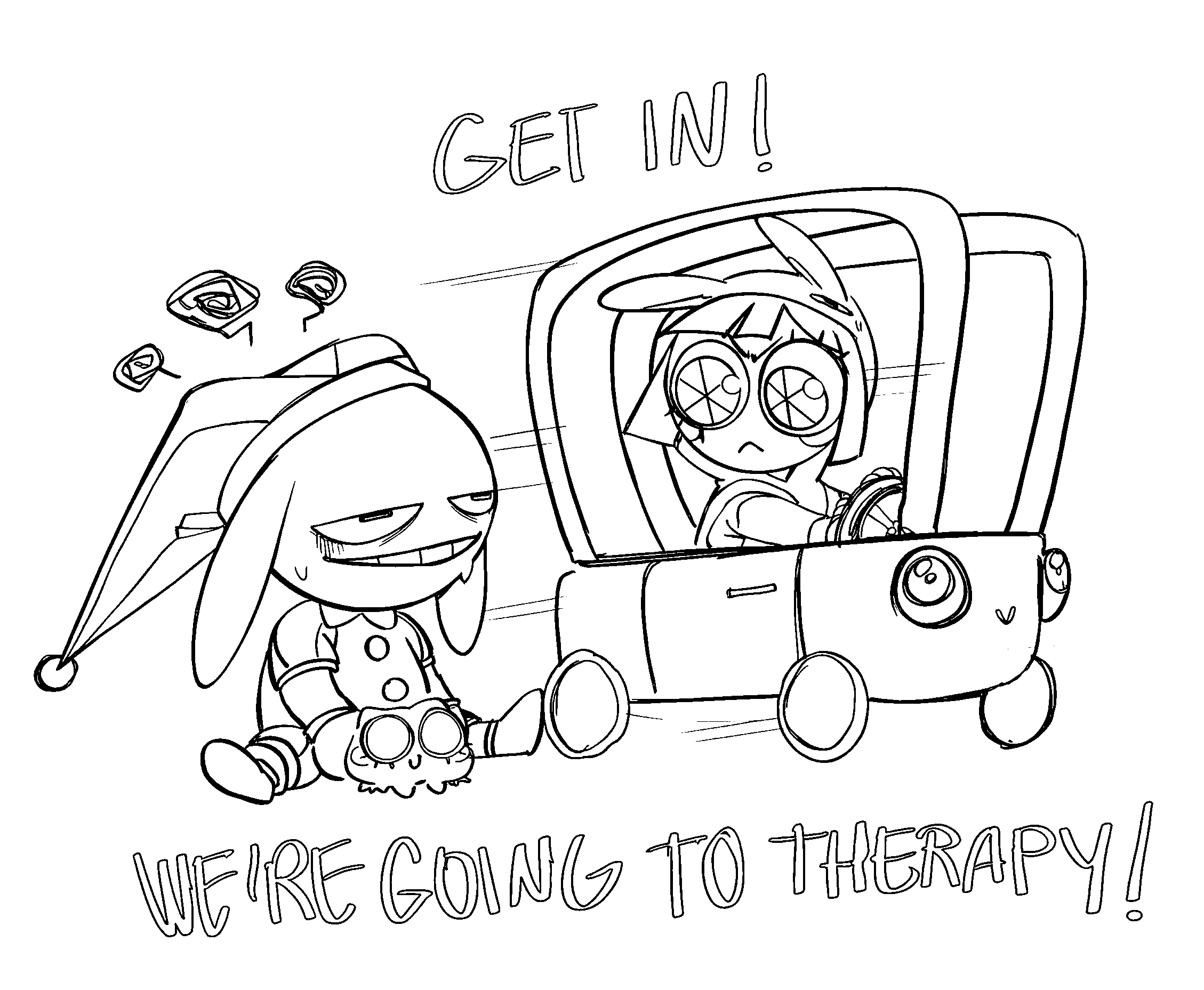 pomni driving cozy coupe car and sad jax therapy meme tadc the amazing digital circus line art