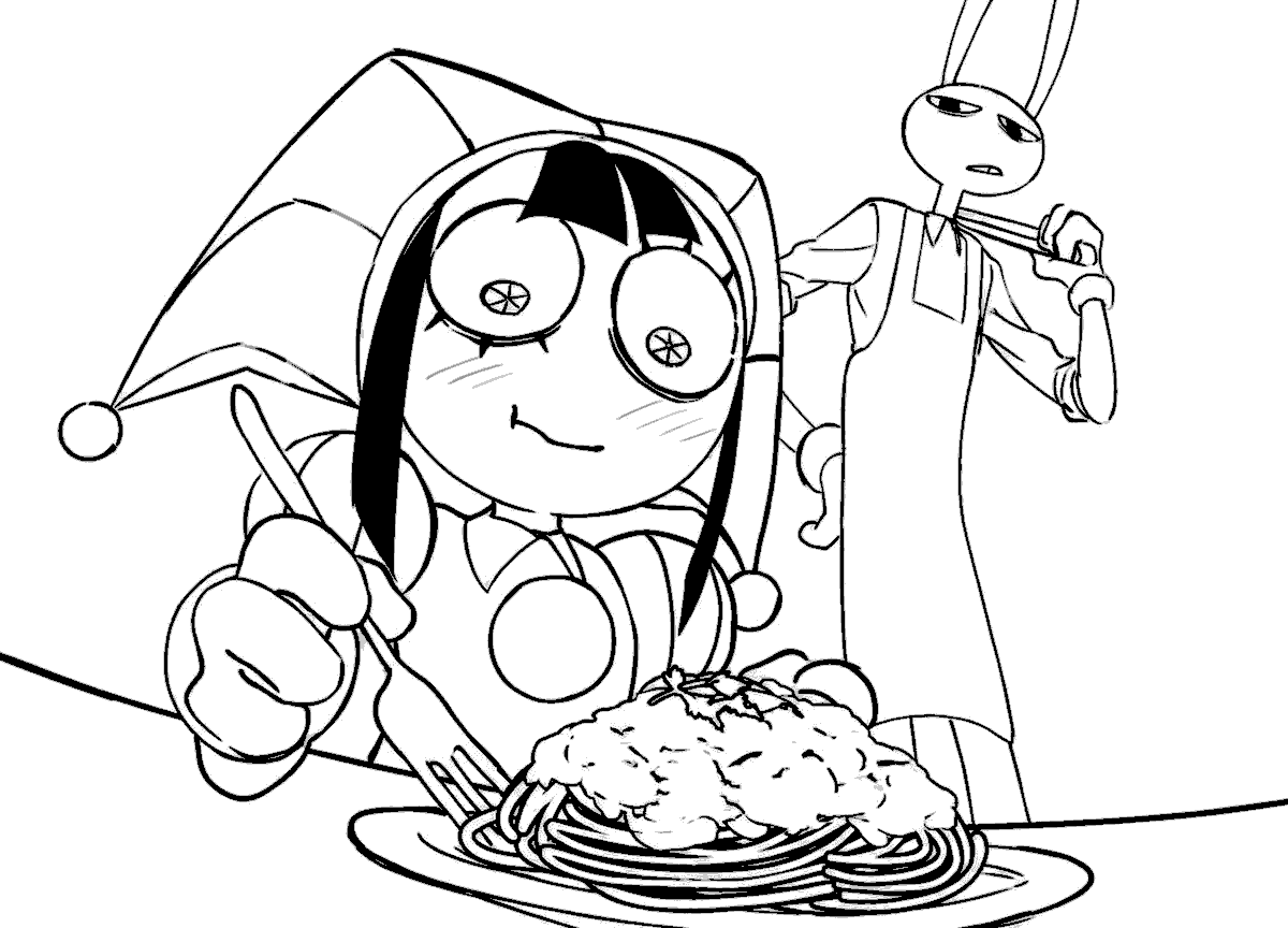 pomni eating spaghetti pasta and chef jax the amazing digital circus line art