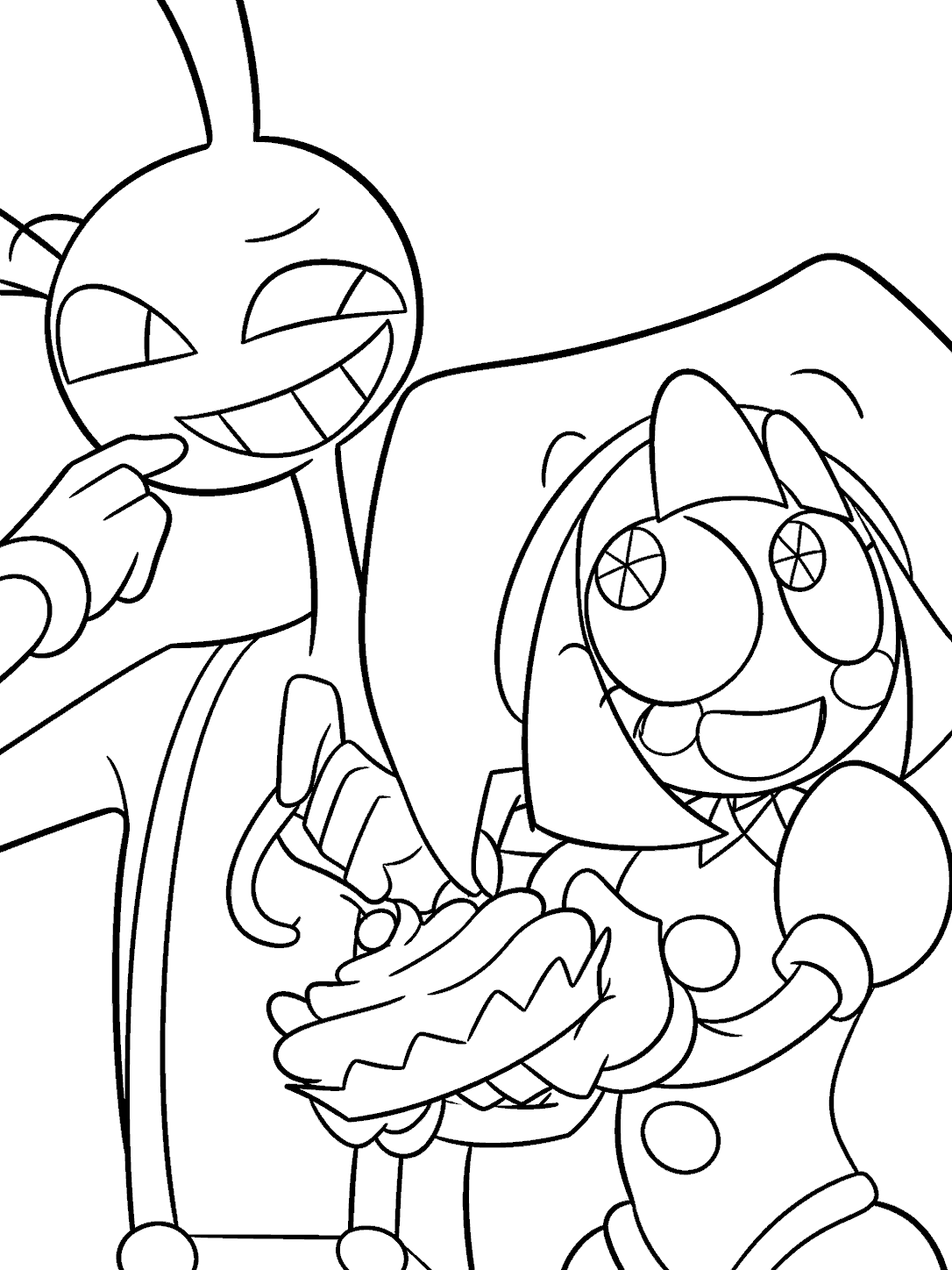 pomni holding sweet birthday cake and jax the amazing digital circus line art