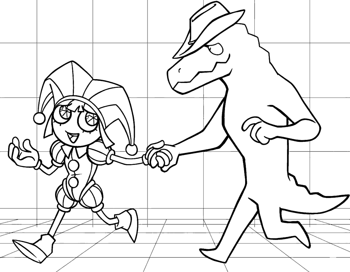 pomni leading gummigoo by the hand the amazing digital circus line art