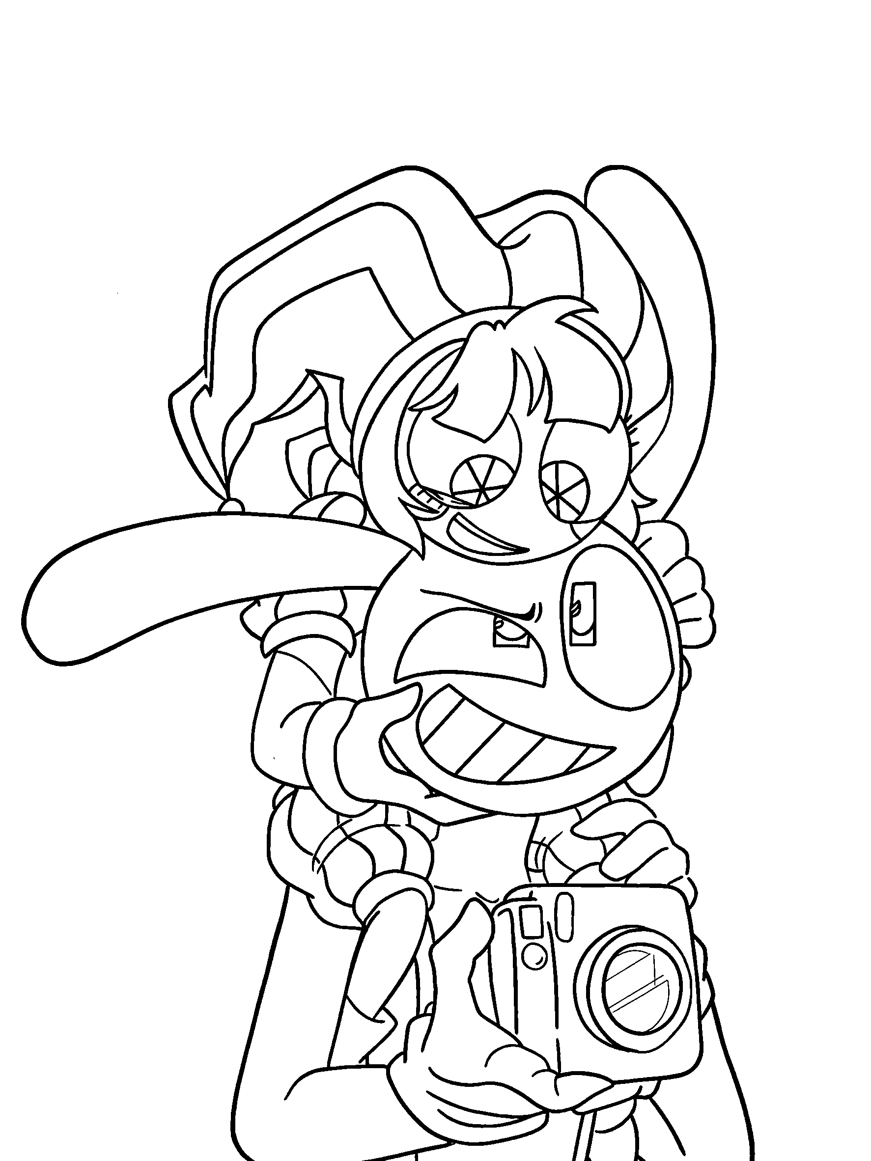 pomni piggyback on jax taking instant camera photo tadc the amazing digital circus line art