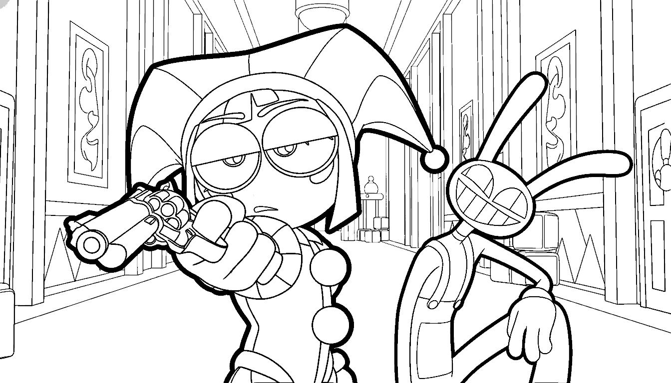 pomni with gun and jax the amazing digital circus line art