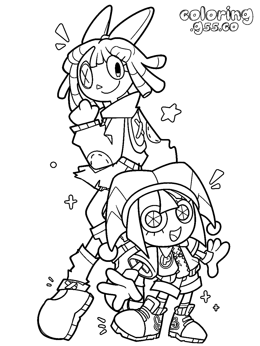 ragatha and pomni streetwear anime digital circus line art for kids