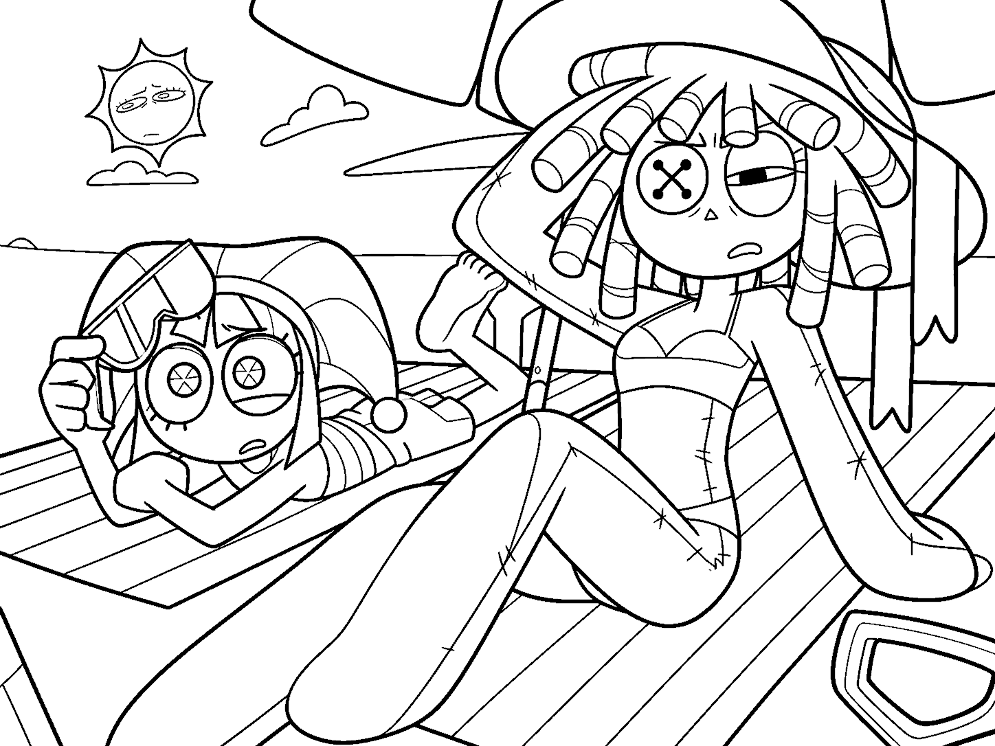ragatha and pomni sunbathing on beach chairs the amazing digital circus line art