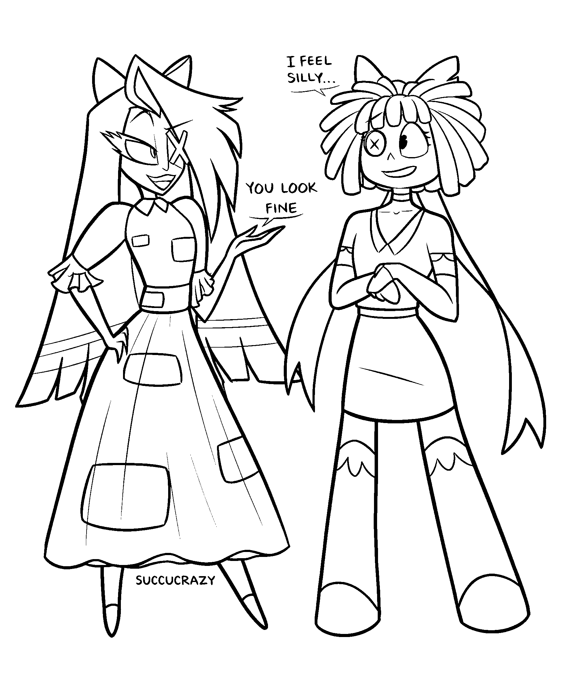 ragatha and vaggie hazbin hotel clothes swap crossover tadc the amazing digital circus line art