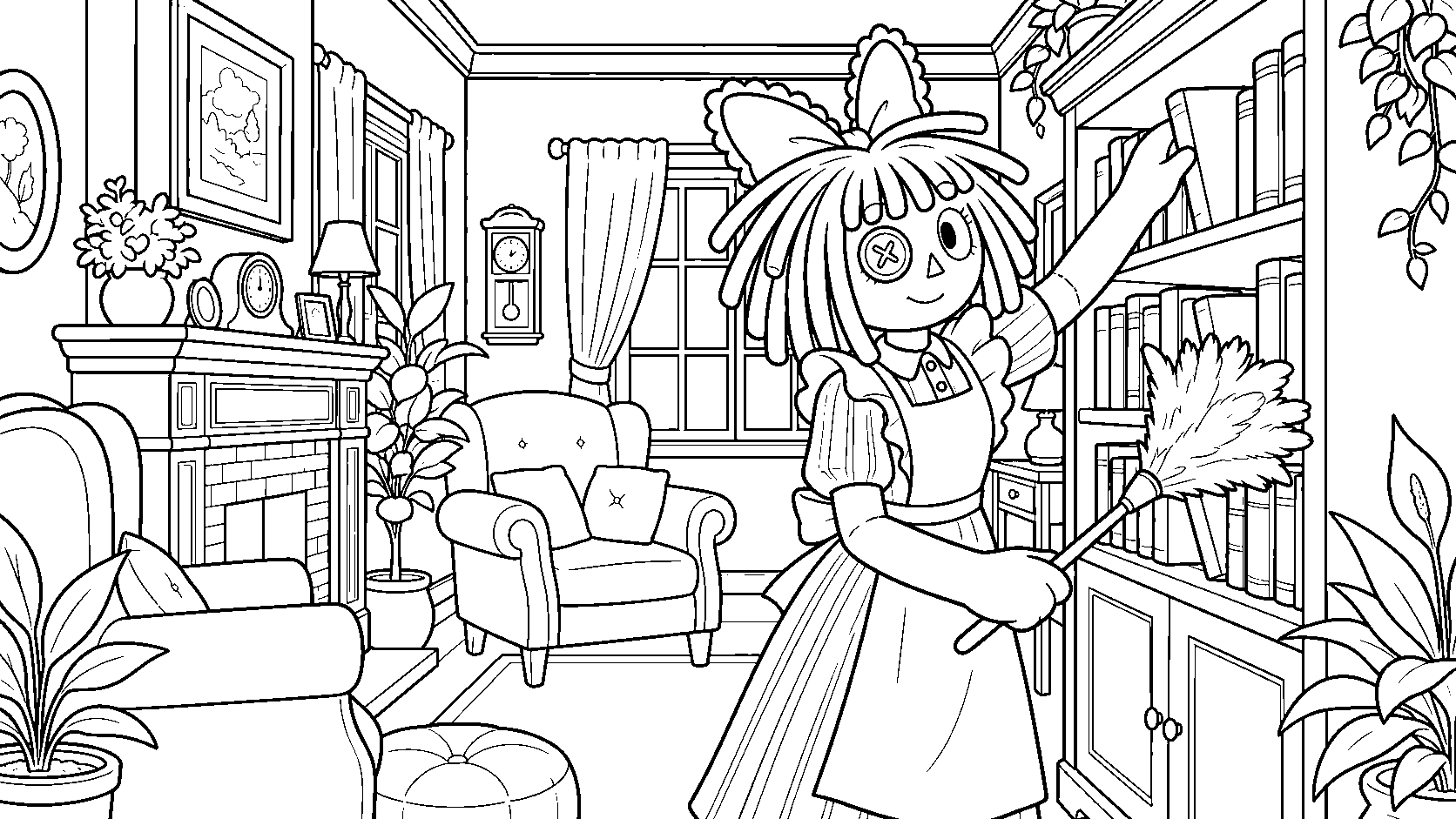 ragatha cleaning bookshelf vintage living room interior tadc the amazing digital circus line art