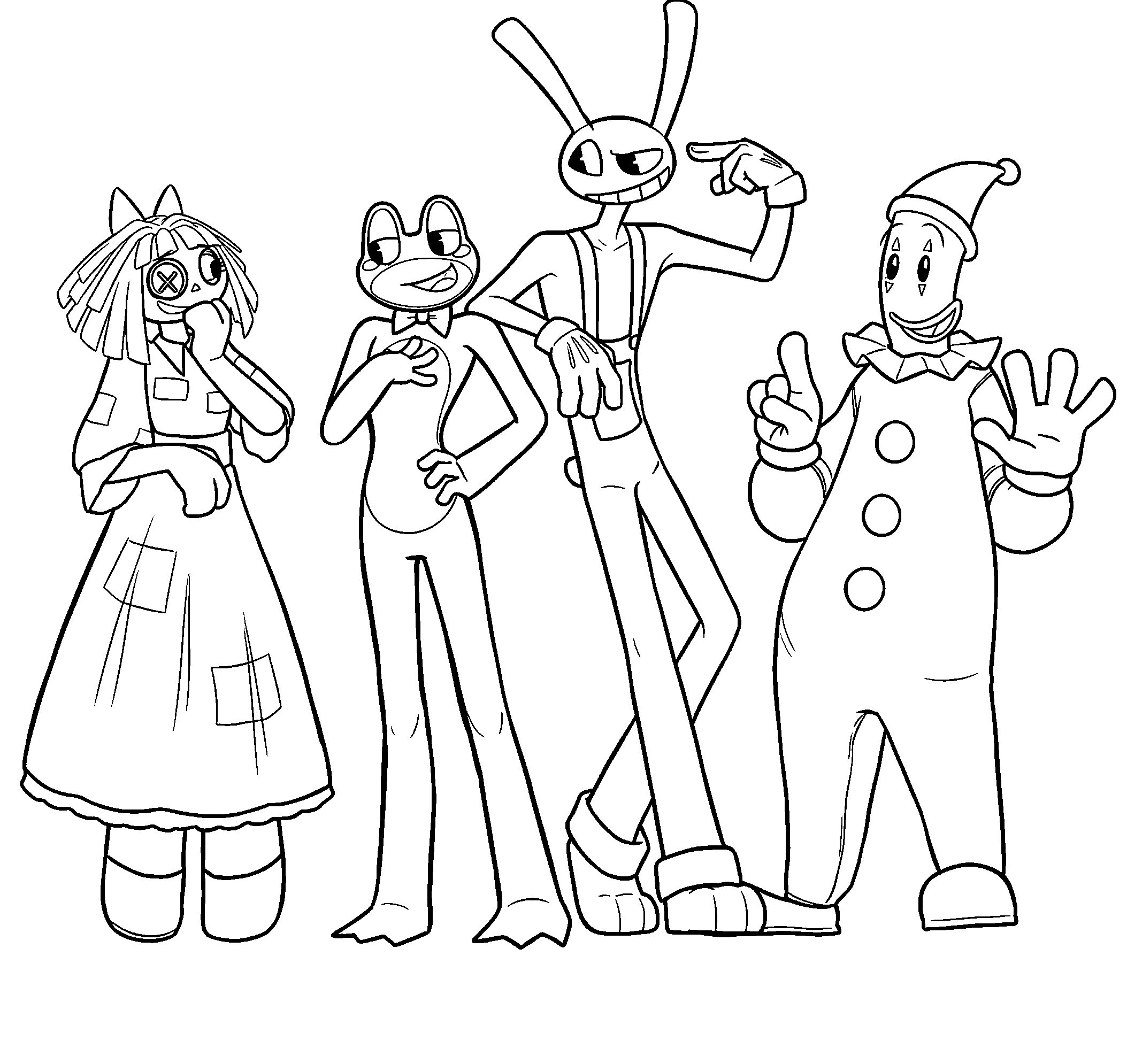 ragatha ribbit jax and kaufmo clown characters group the amazing digital circus line art