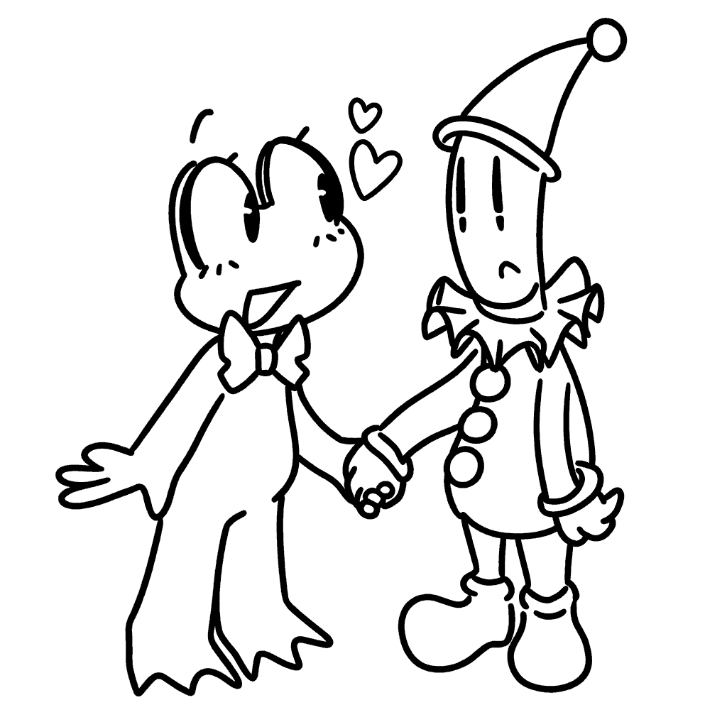 ribbit frog and kaufmo clown holding hands the amazing digital circus line art