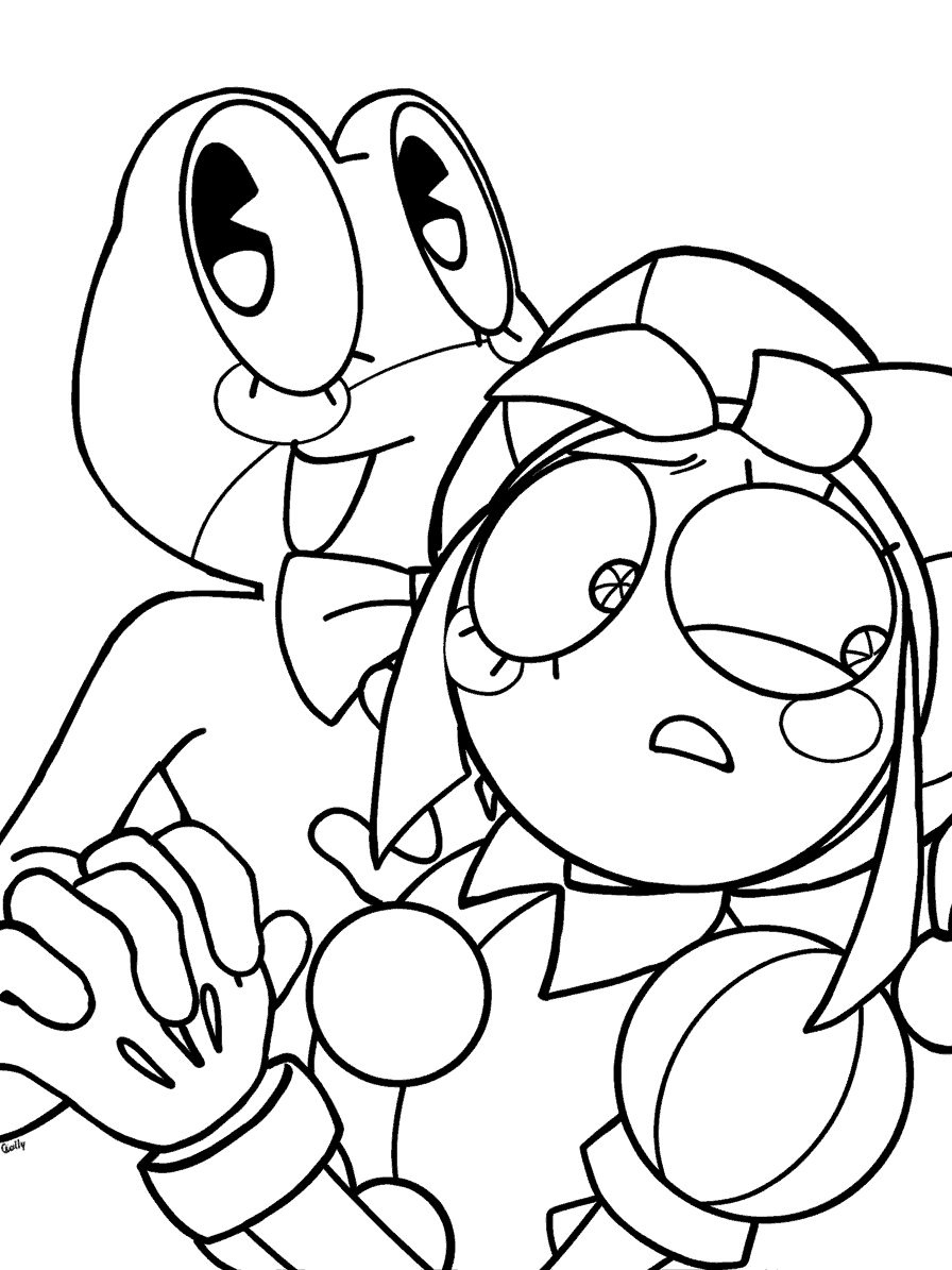 ribbit hugging nervous pomni the amazing digital circus line art