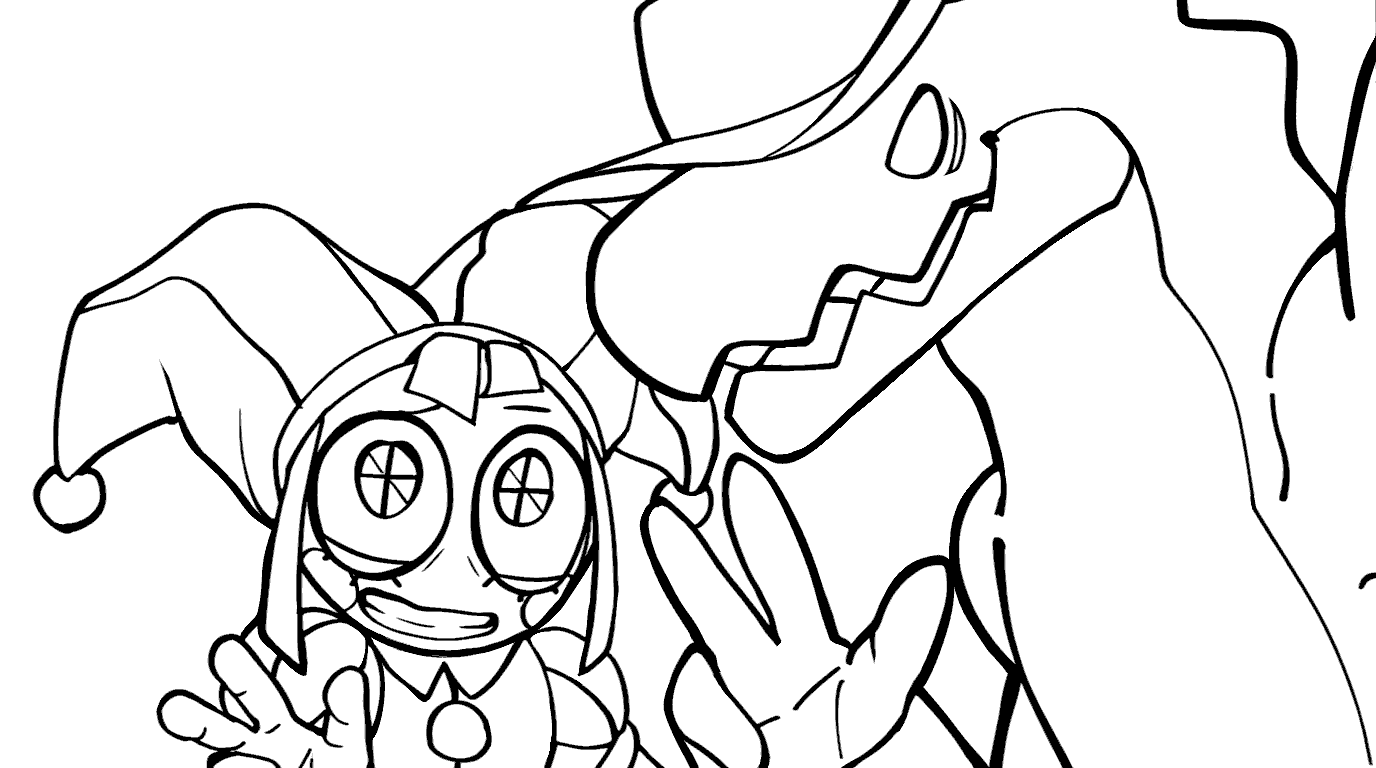 scared pomni and gummigoo crocodile selfie the amazing digital circus line art