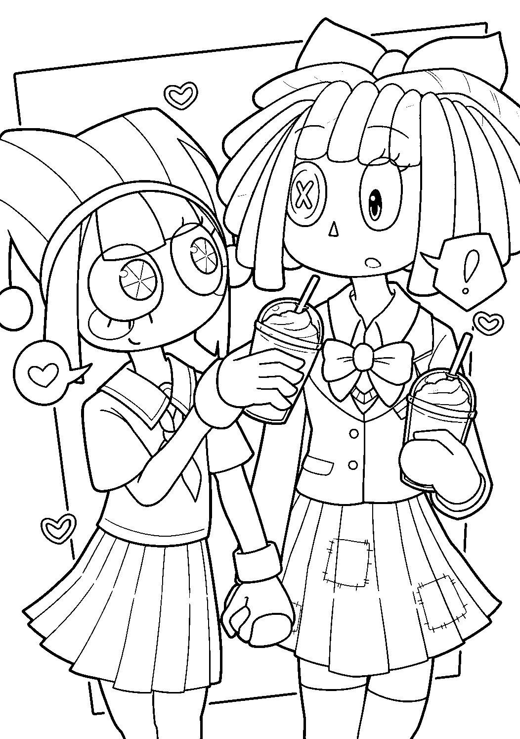 school uniform pomni and ragatha drinking milkshakes the amazing digital circus line art