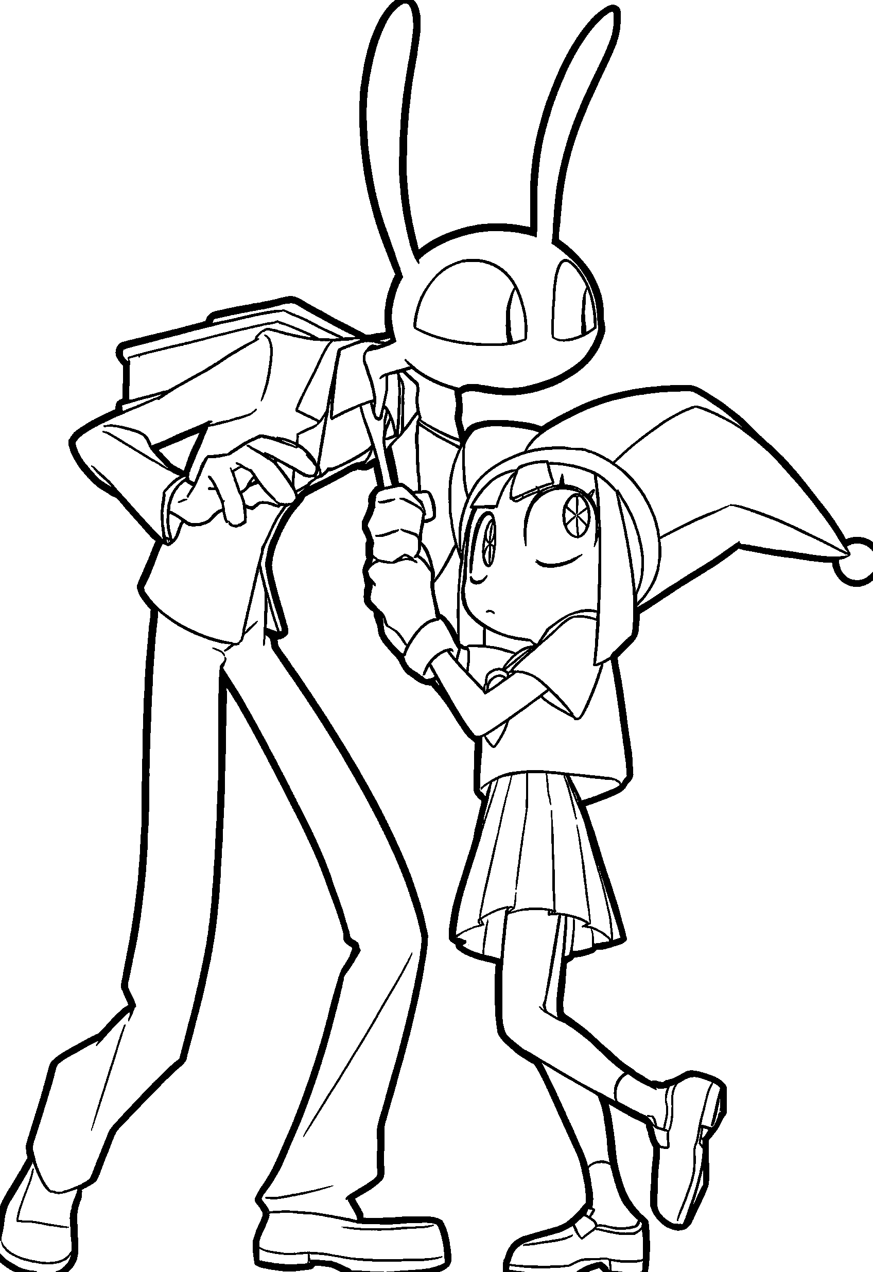 school uniform pomni holding jax tie anime style tadc the amazing digital circus line art