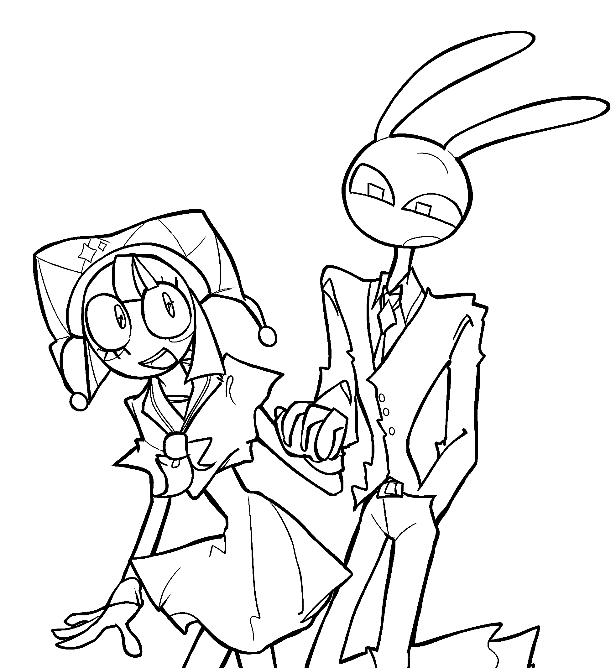 schoolgirl pomni and suit jax holding hands romantic couple tadc the amazing digital circus line art