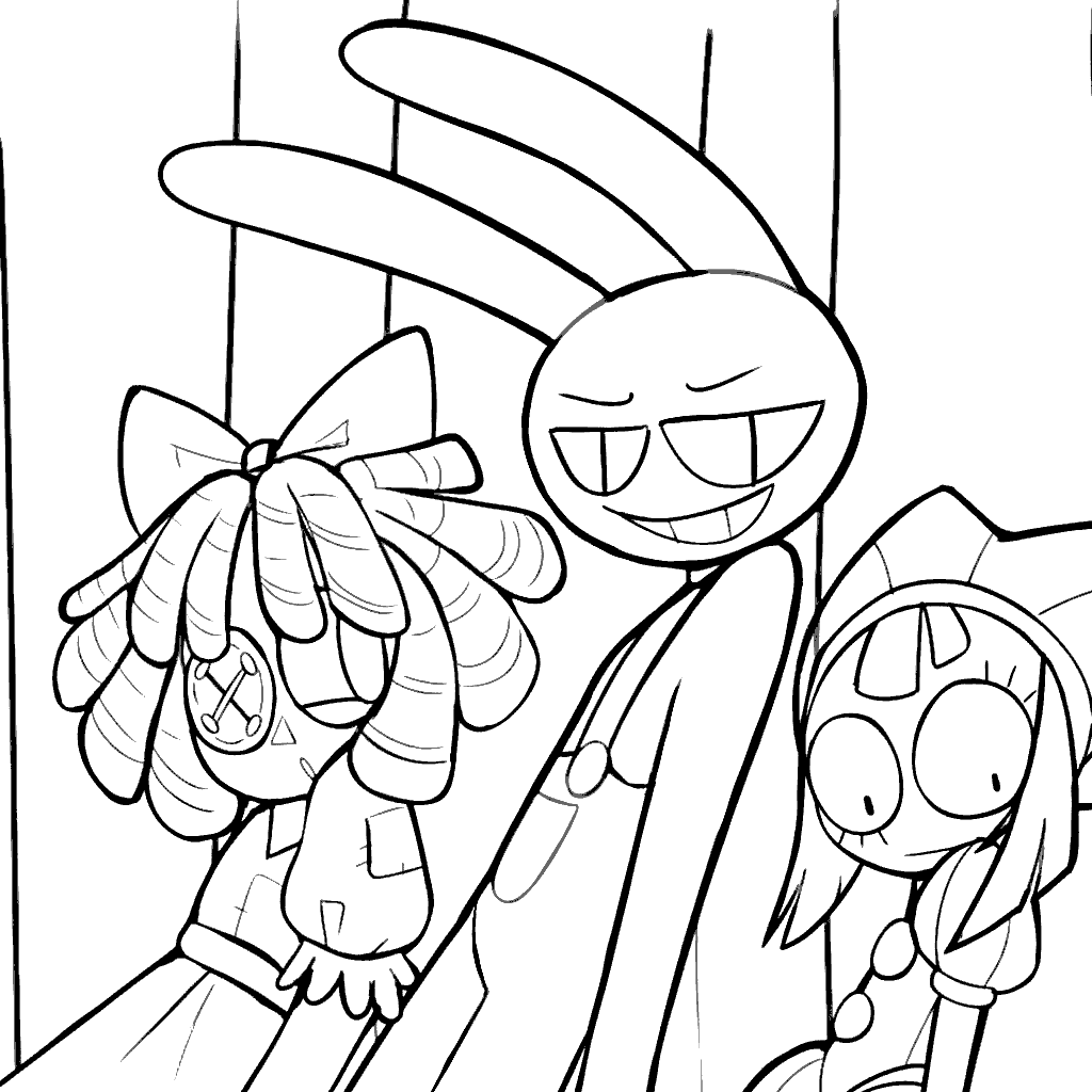 sneaky jax between ragatha and pomni the amazing digital circus line art