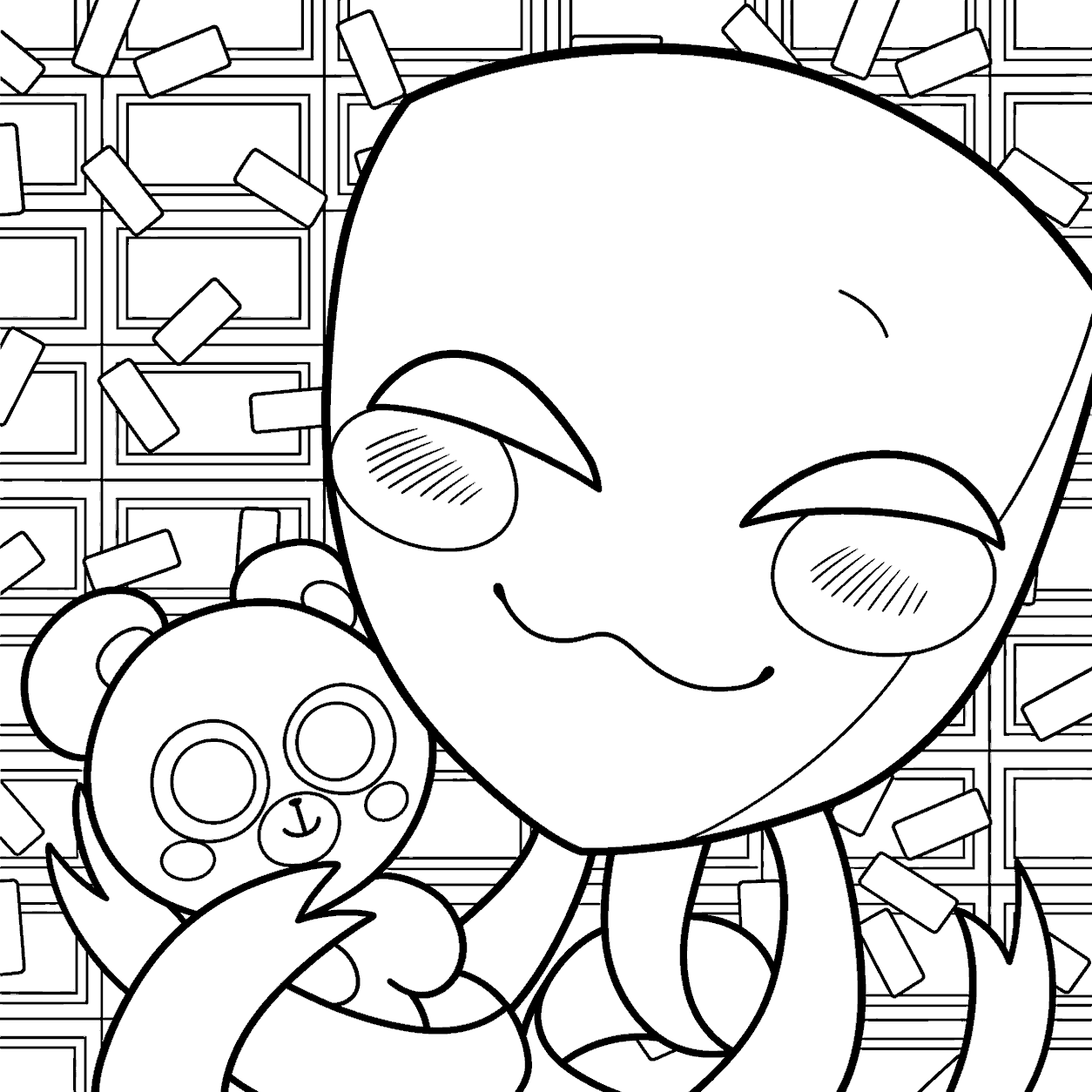 sweet gangle hugging teddy bear chocolate bars background tadc the amazing digital circus line art